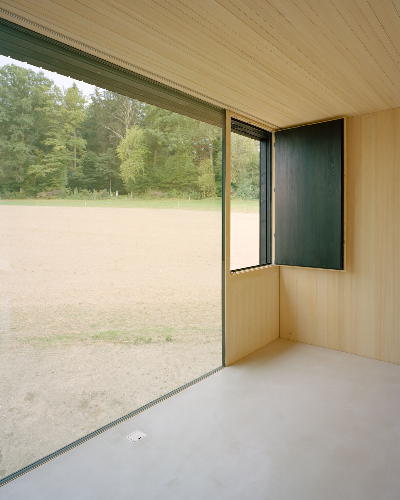 Corner interior with sliding glass door opening onto a sand courtyard framed by trees