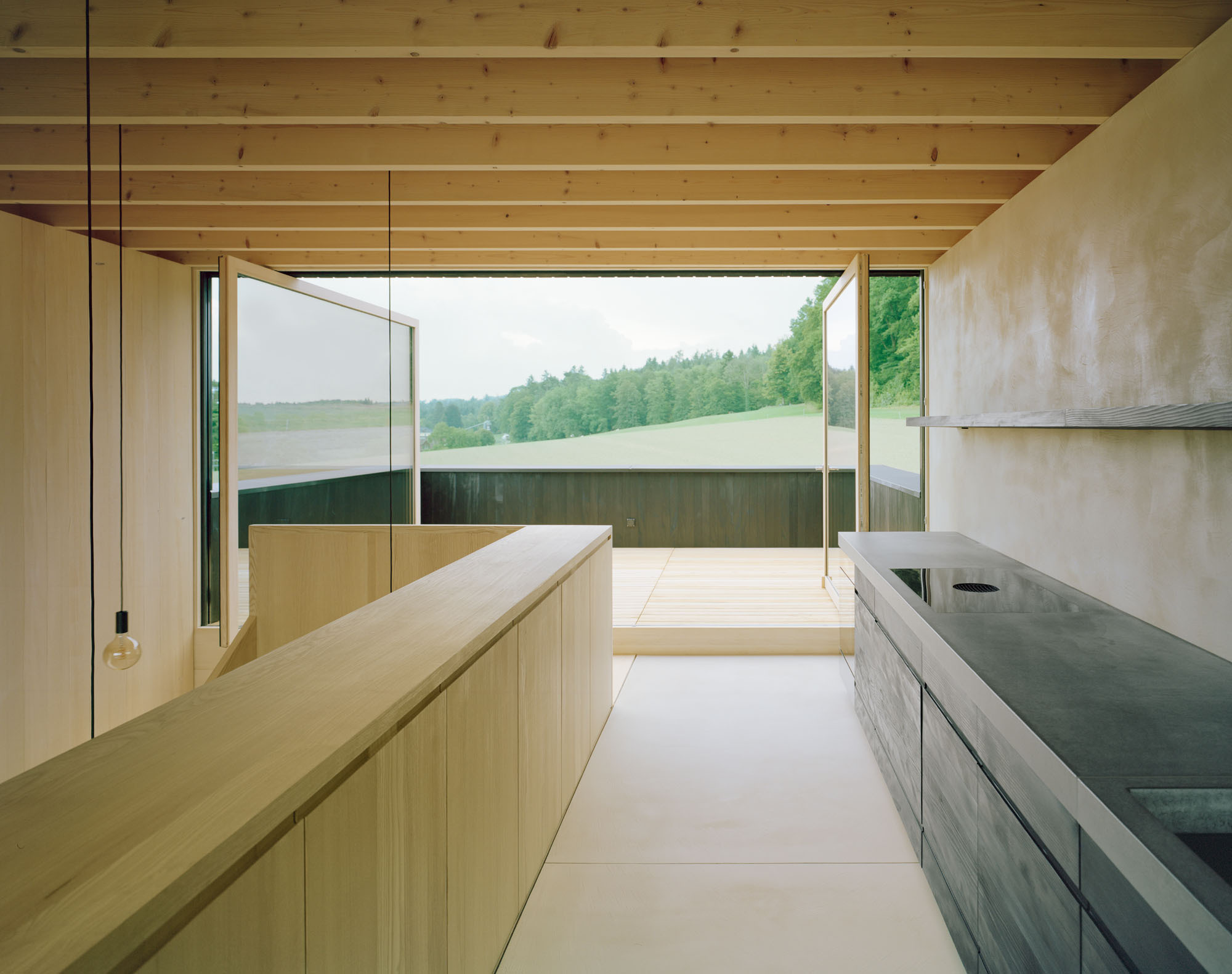 Kitchen with timber cabinetry and dark countertops opening to a terrace with forest views
