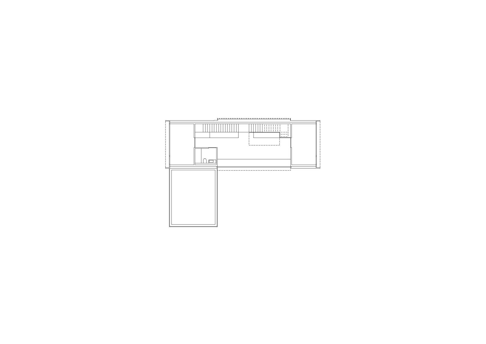 Roof plan drawing showing L-shaped volumes with stair elements on upper level