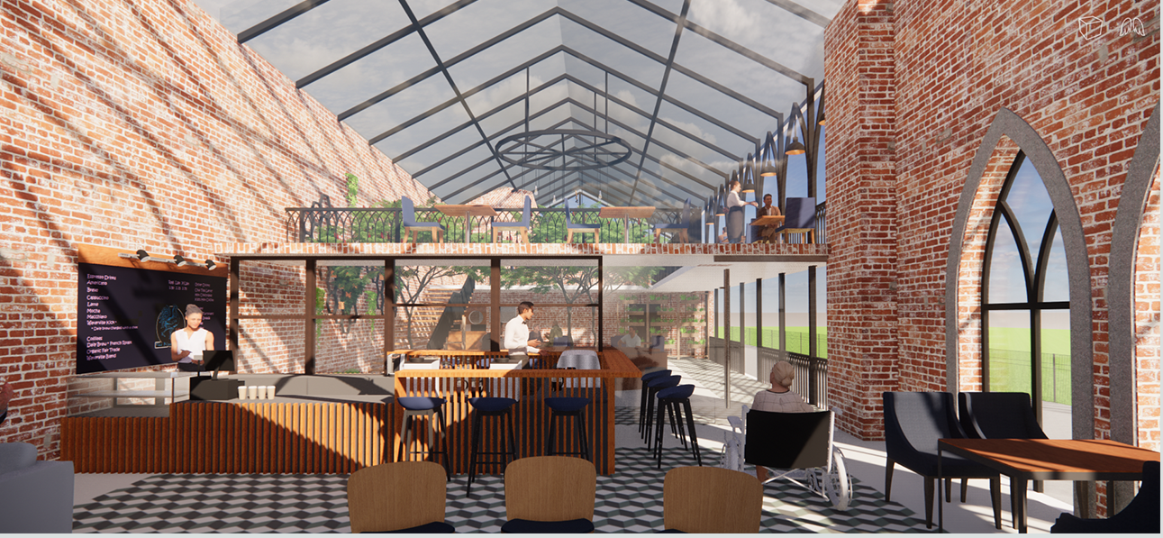 Natural light floods the main café interior through the glazed gable roof, enhancing openness and visual connectivity.