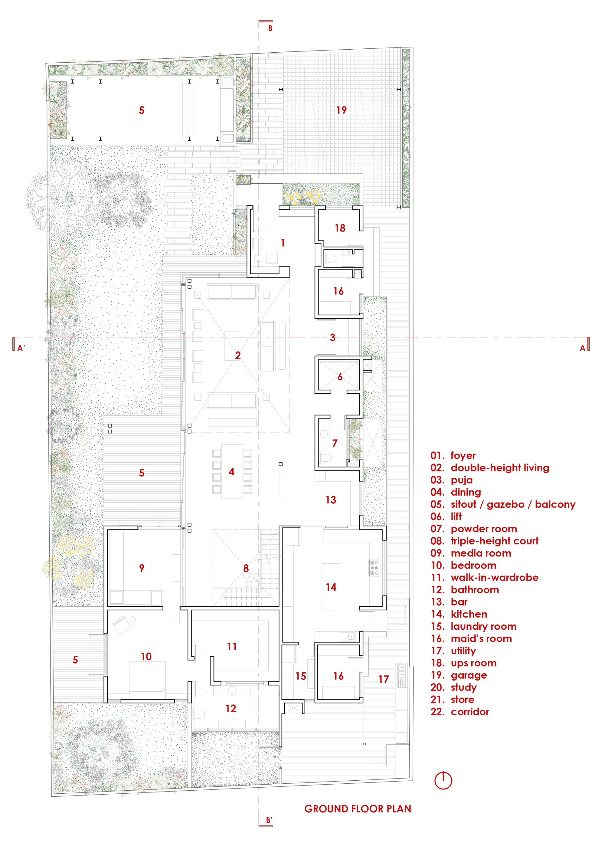 Ground floor plan drawing depicting the main living spaces with numbered rooms and surrounding planted areas