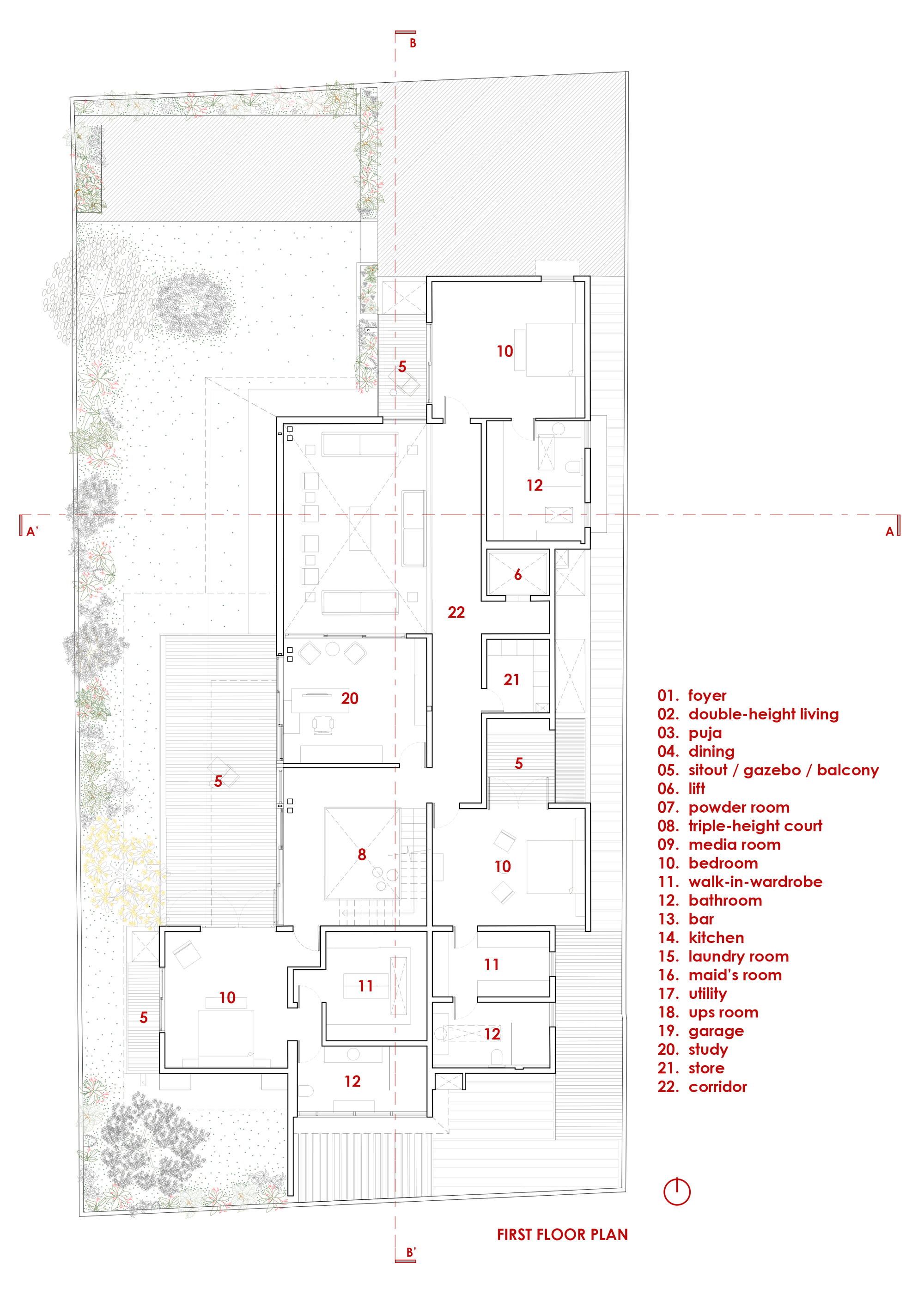 First floor plan drawing showing the bedroom level with numbered rooms and balconies overlooking the landscape