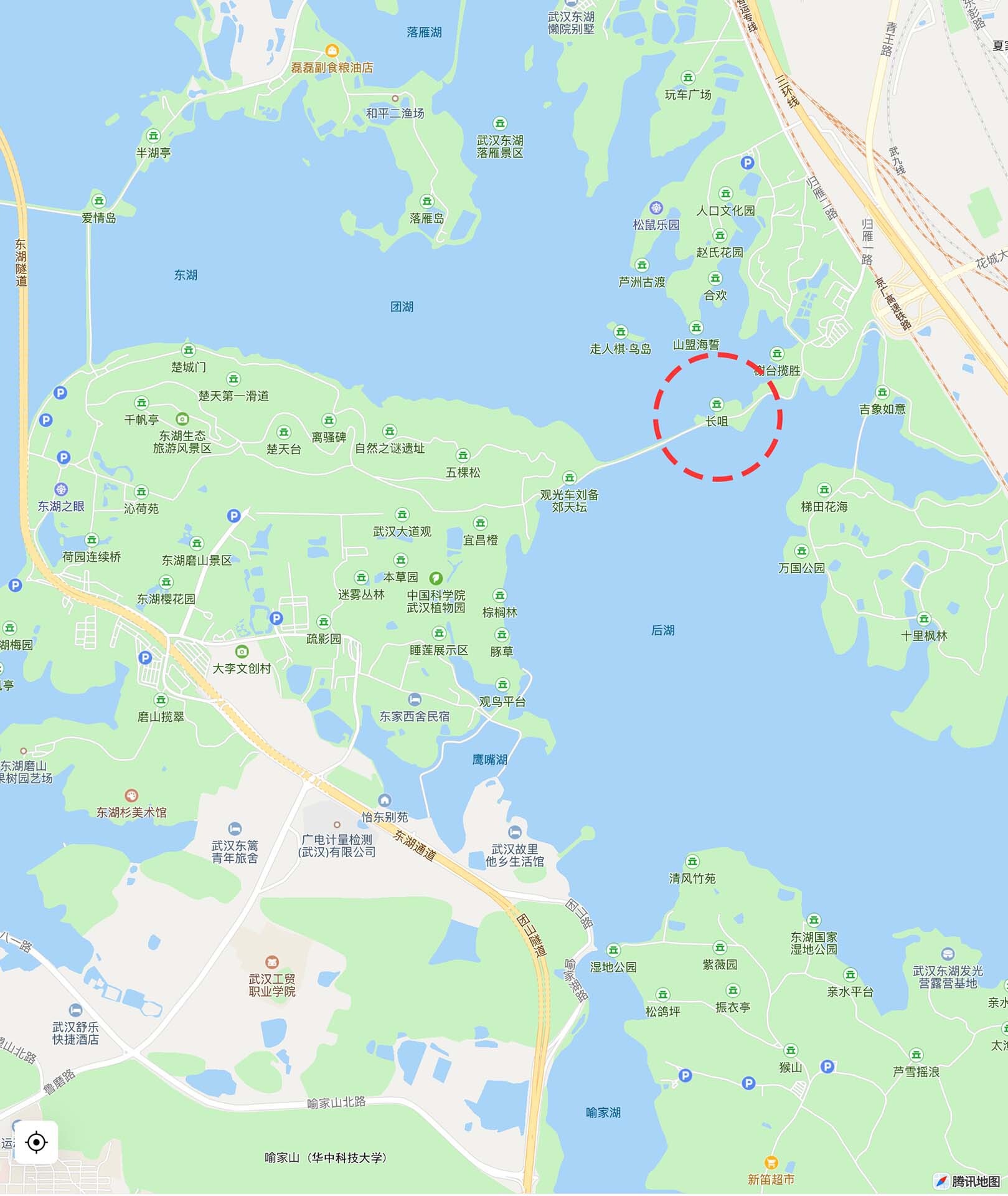 Site map showing island location circled in red within larger lake and parkland