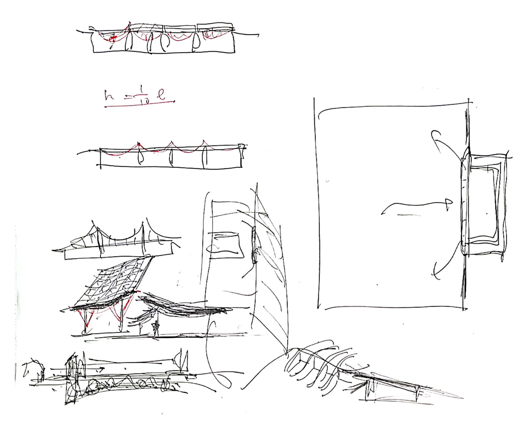 Sketch study exploring curved rooflines, structural sections, and spatial relationships with handwritten notes
