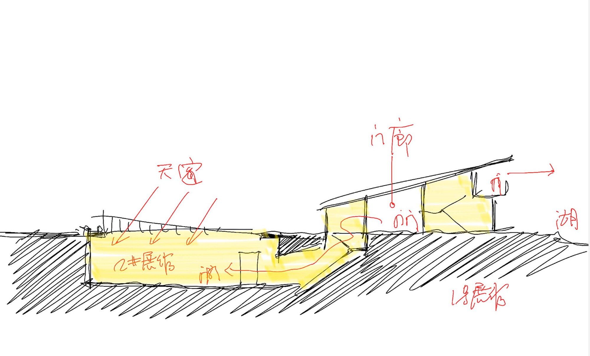Section drawing with yellow highlighting showing sunken interior volumes connected by sloped roof planes