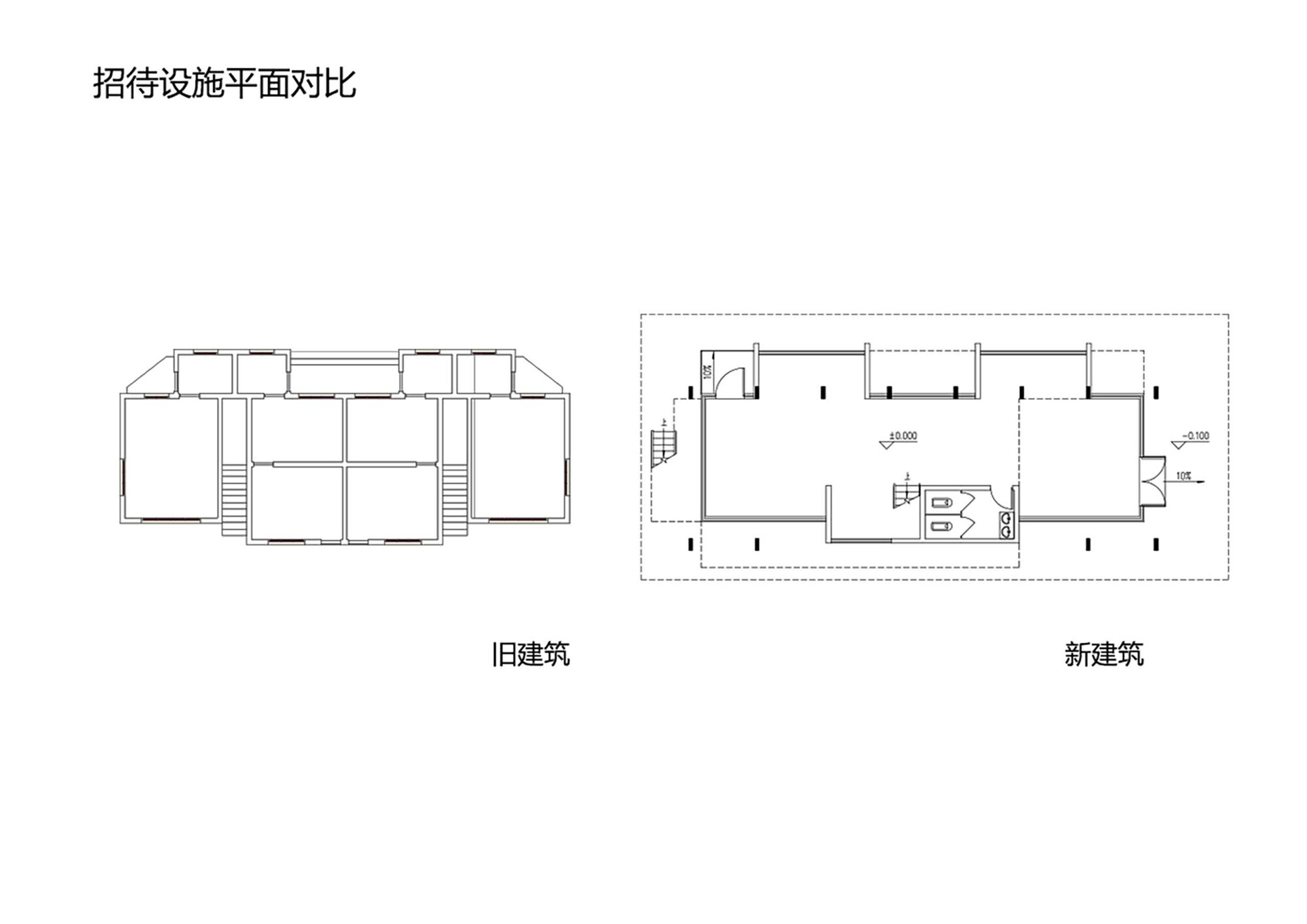 Floor plan comparison drawing showing existing symmetrical layout and new asymmetrical arrangement with central core