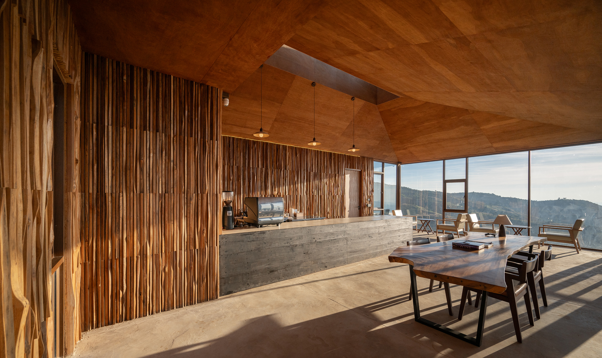 Open-plan interior with vertical timber slat wall and diagonal wood ceiling panels catching afternoon light
