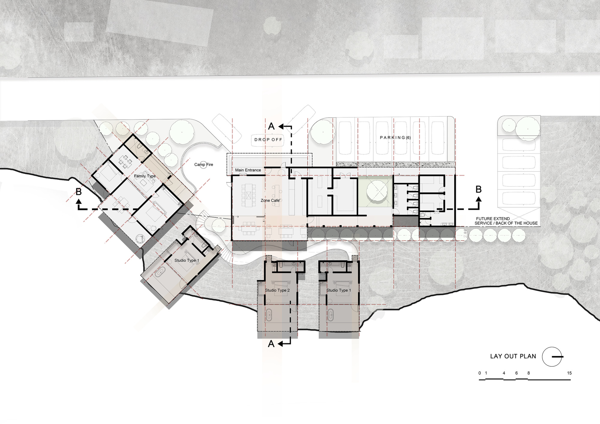 Site plan drawing showing angled pavilions and a linear service spine on sloping terrain