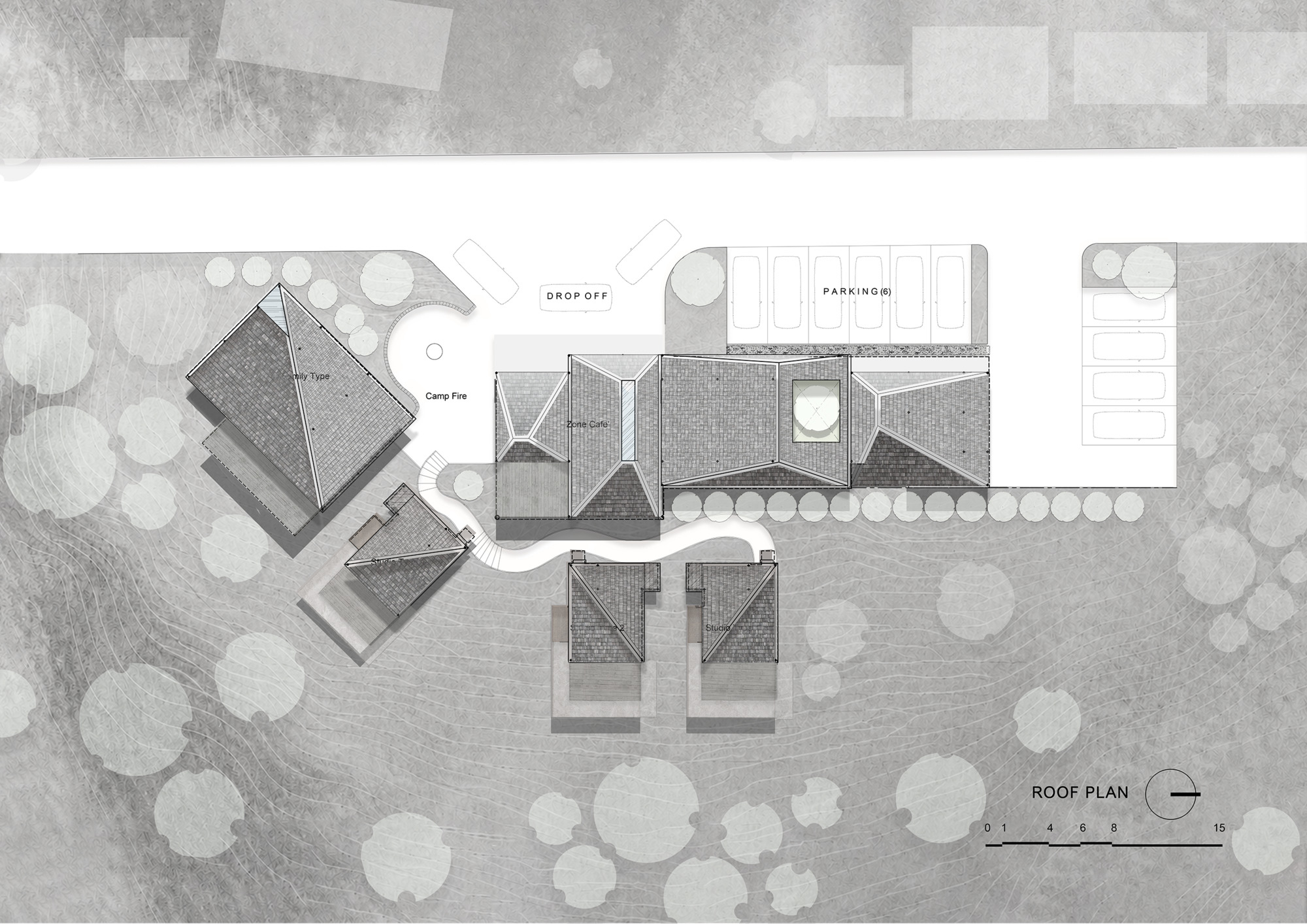 Roof plan drawing showing clustered pyramidal forms and parking area surrounded by circular tree canopies