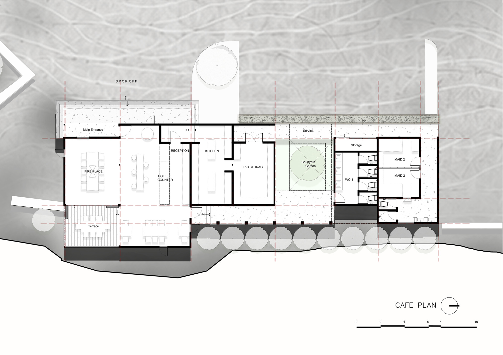 Cafe floor plan drawing showing dining area with fireplace and outdoor terrace with row of trees