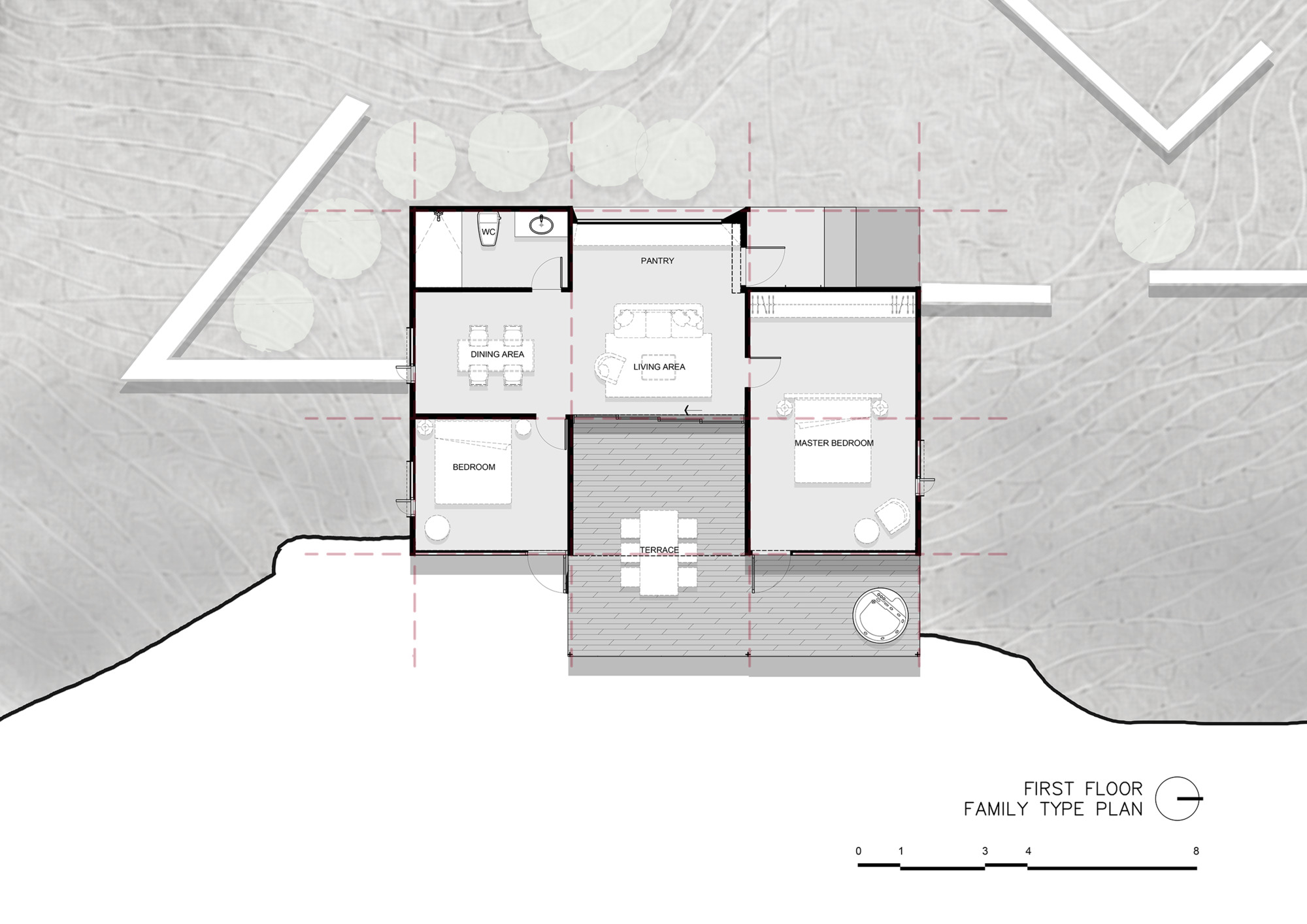 First floor plan drawing showing family unit with living area, pantry, two bedrooms and central terrace