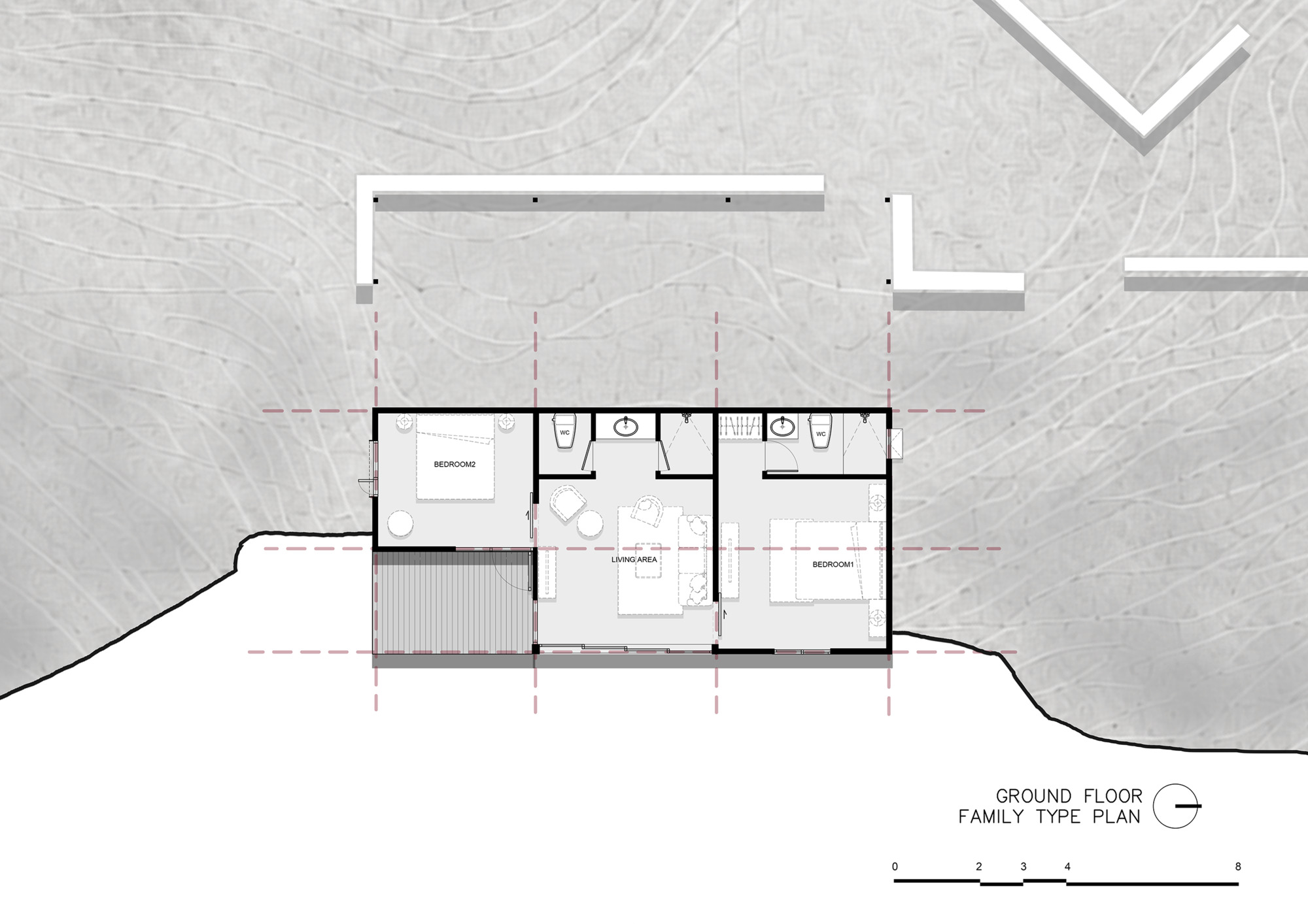 Ground floor plan drawing showing two bedrooms separated by shared living hall with outdoor terrace