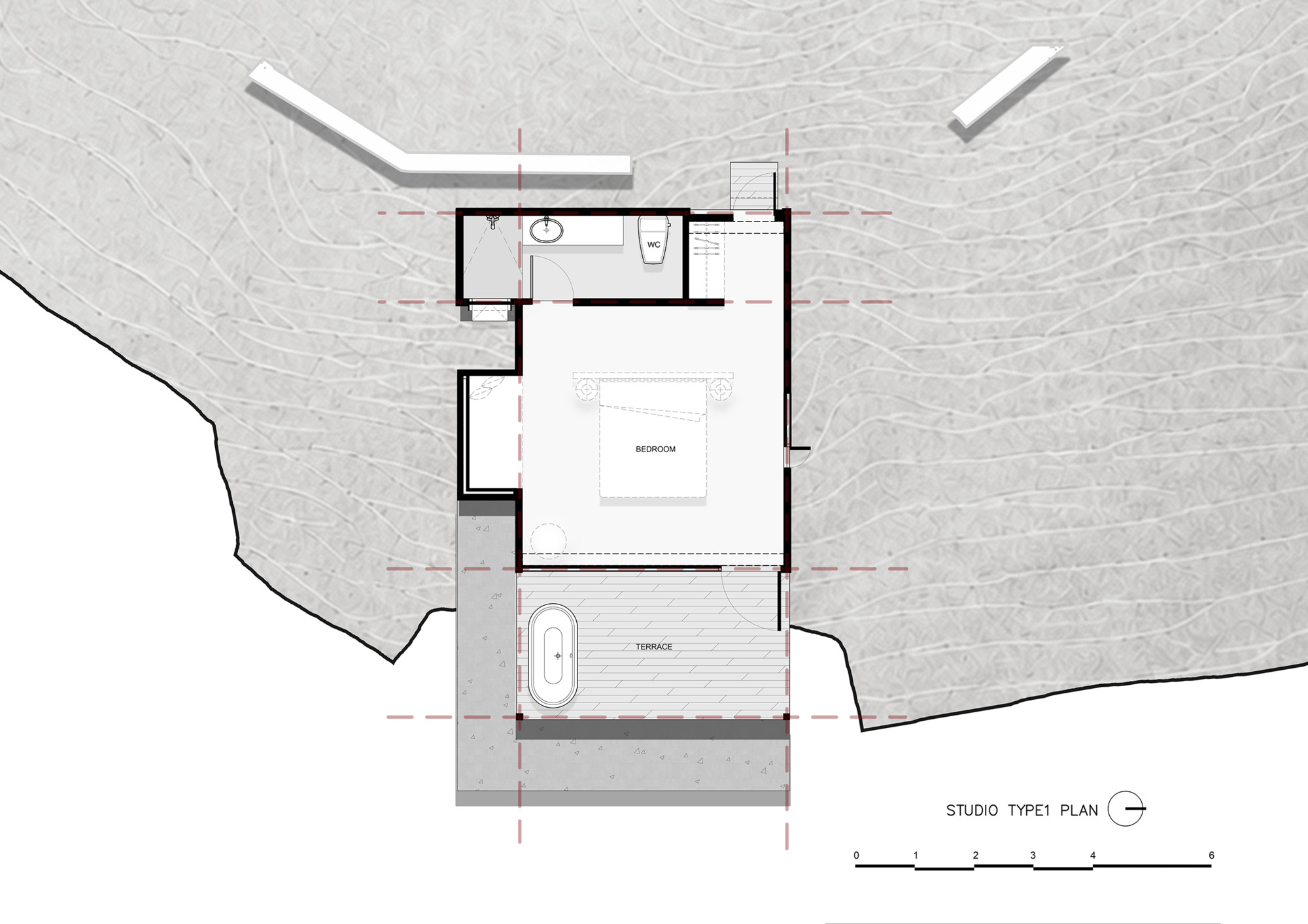 Studio floor plan drawing showing bedroom with bathroom and outdoor terrace with freestanding bath