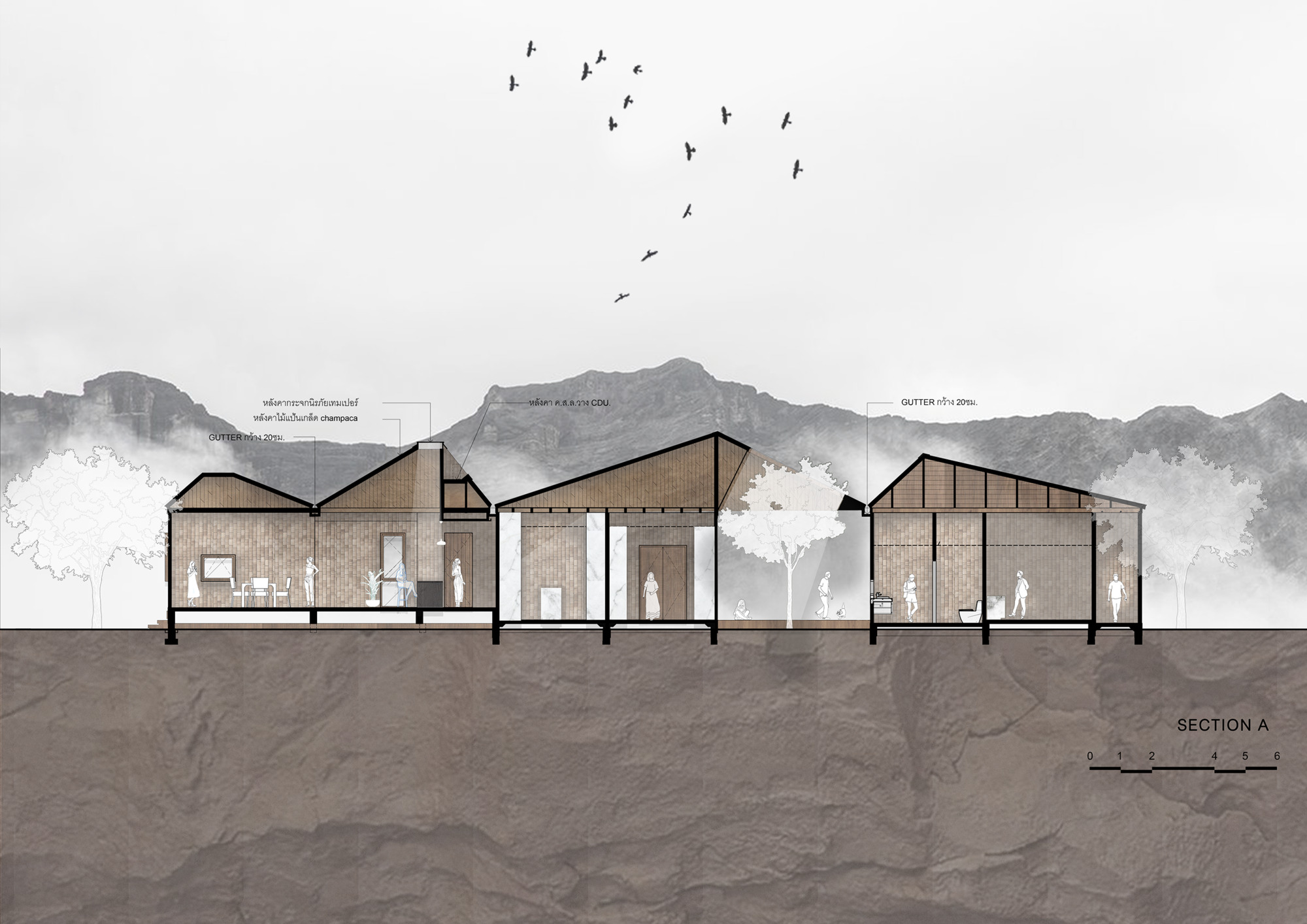 Section drawing depicting gabled roofs and interior spaces with figures set against a mountainous landscape