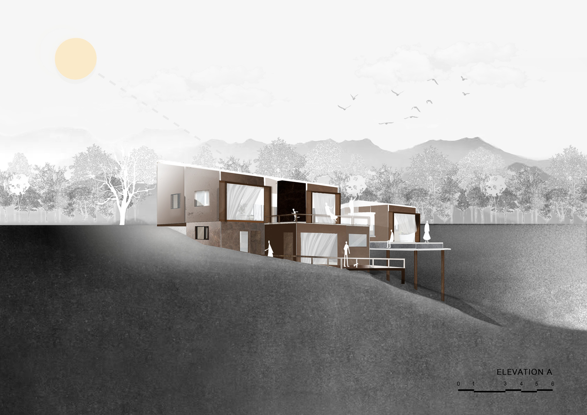 Elevation drawing showing staggered volumes with large openings carved into a sloping site beneath the sun