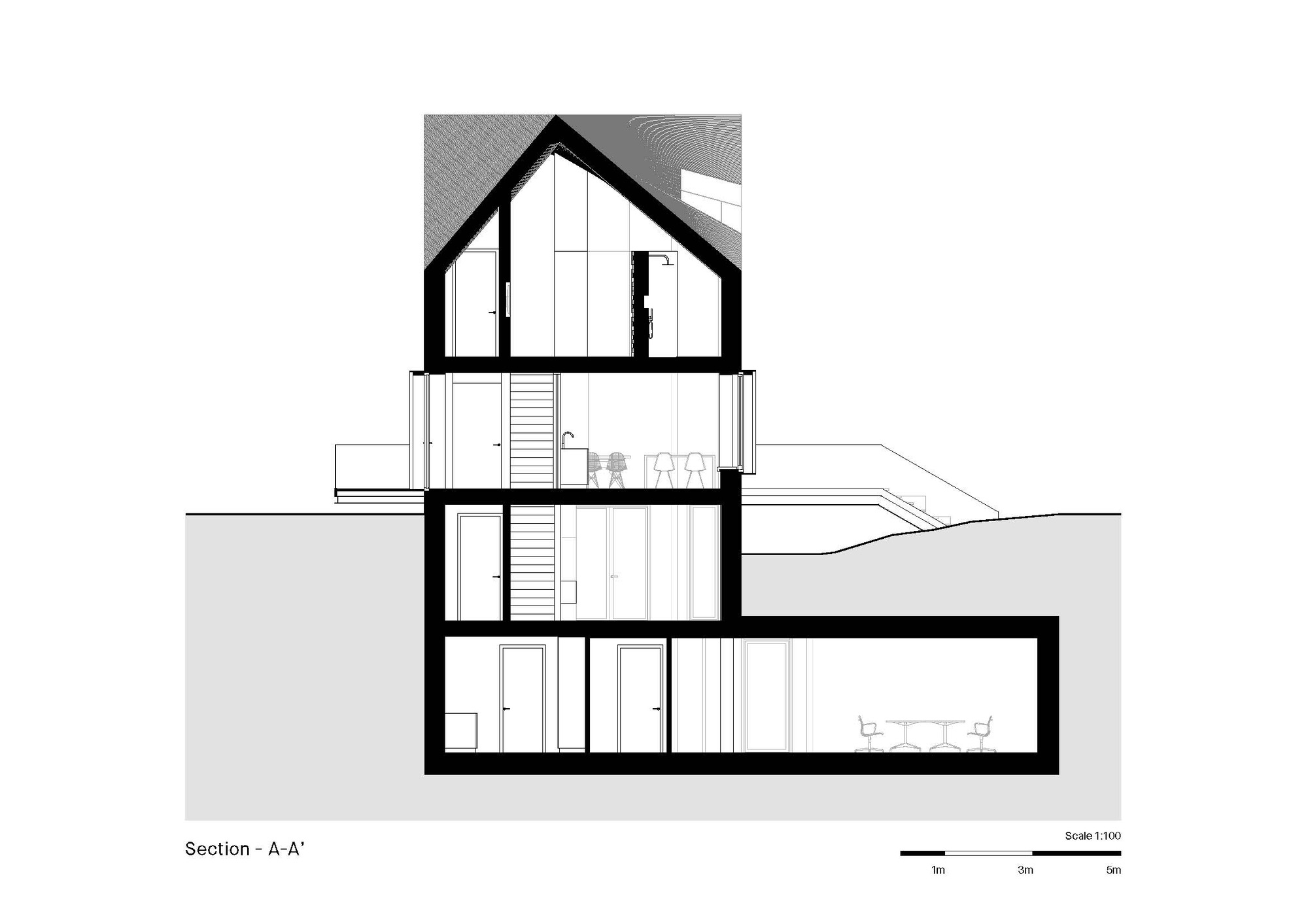 Section drawing revealing four levels with a central staircase connecting above-ground and below-ground spaces