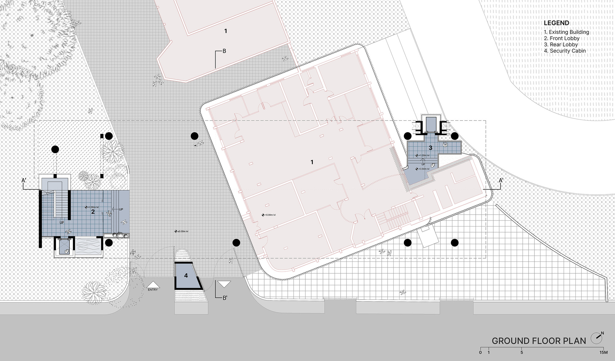 Ground floor plan drawing showing circulation cores and open field with scattered trees