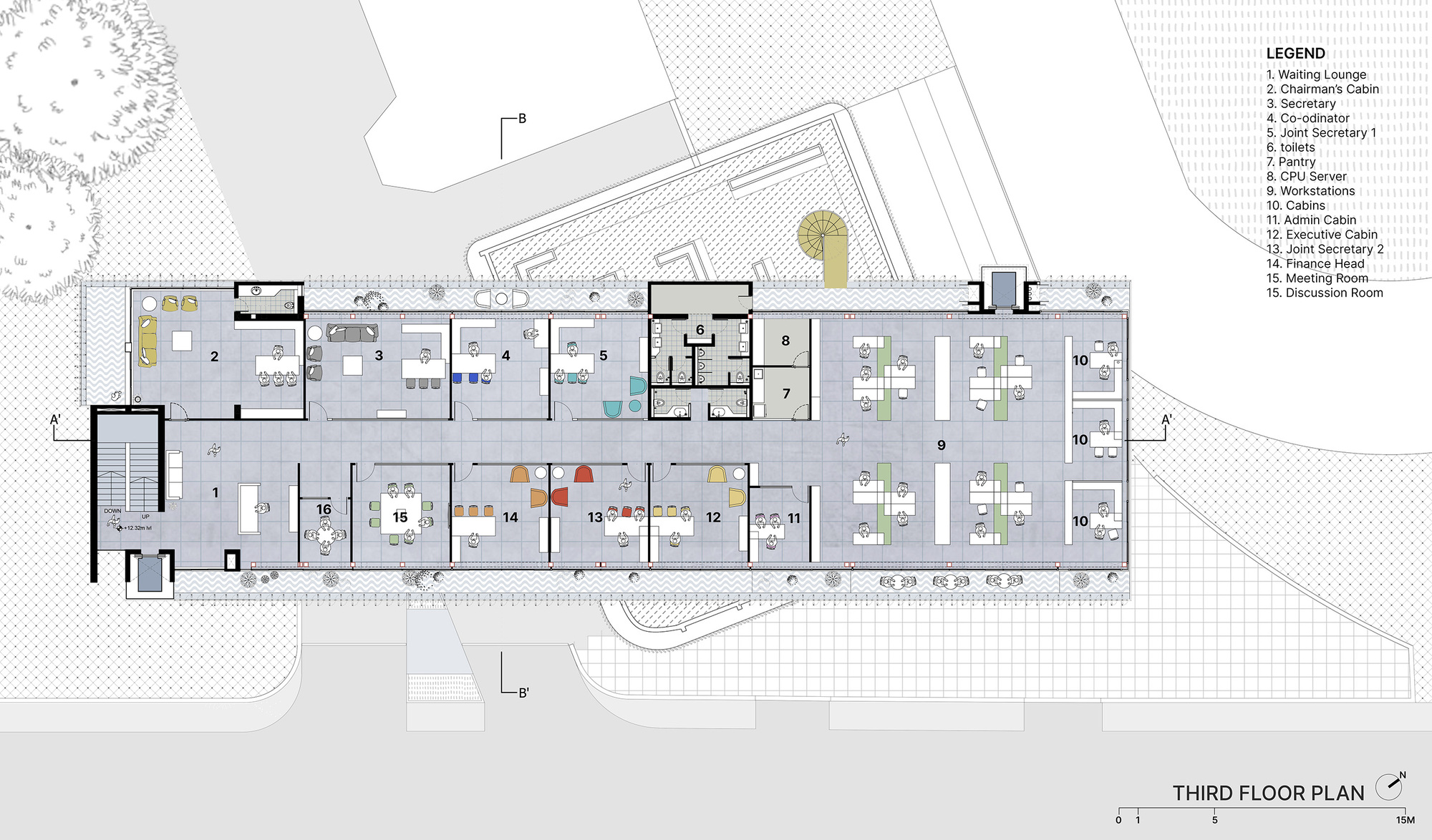 Third floor plan drawing showing linear office spaces with workstations and meeting rooms along a central corridor