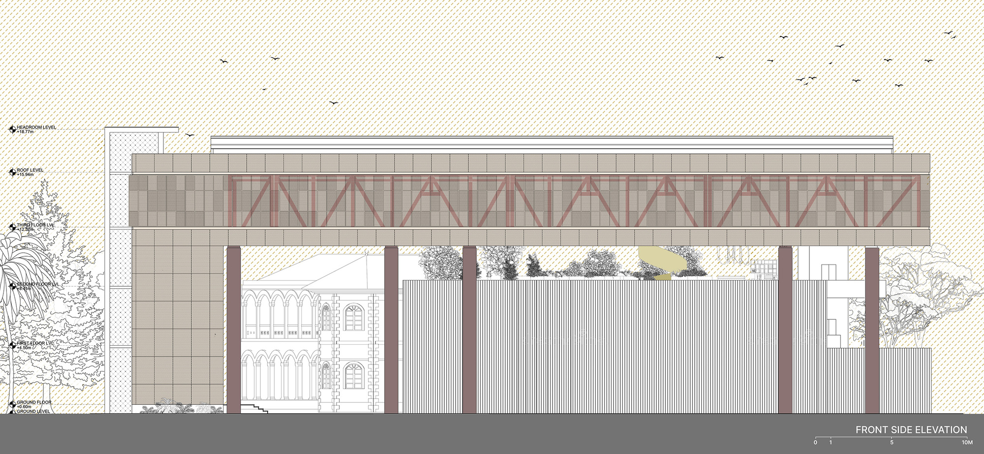 Front elevation drawing showing red triangulated steel truss facade above corrugated metal cladding and brick columns