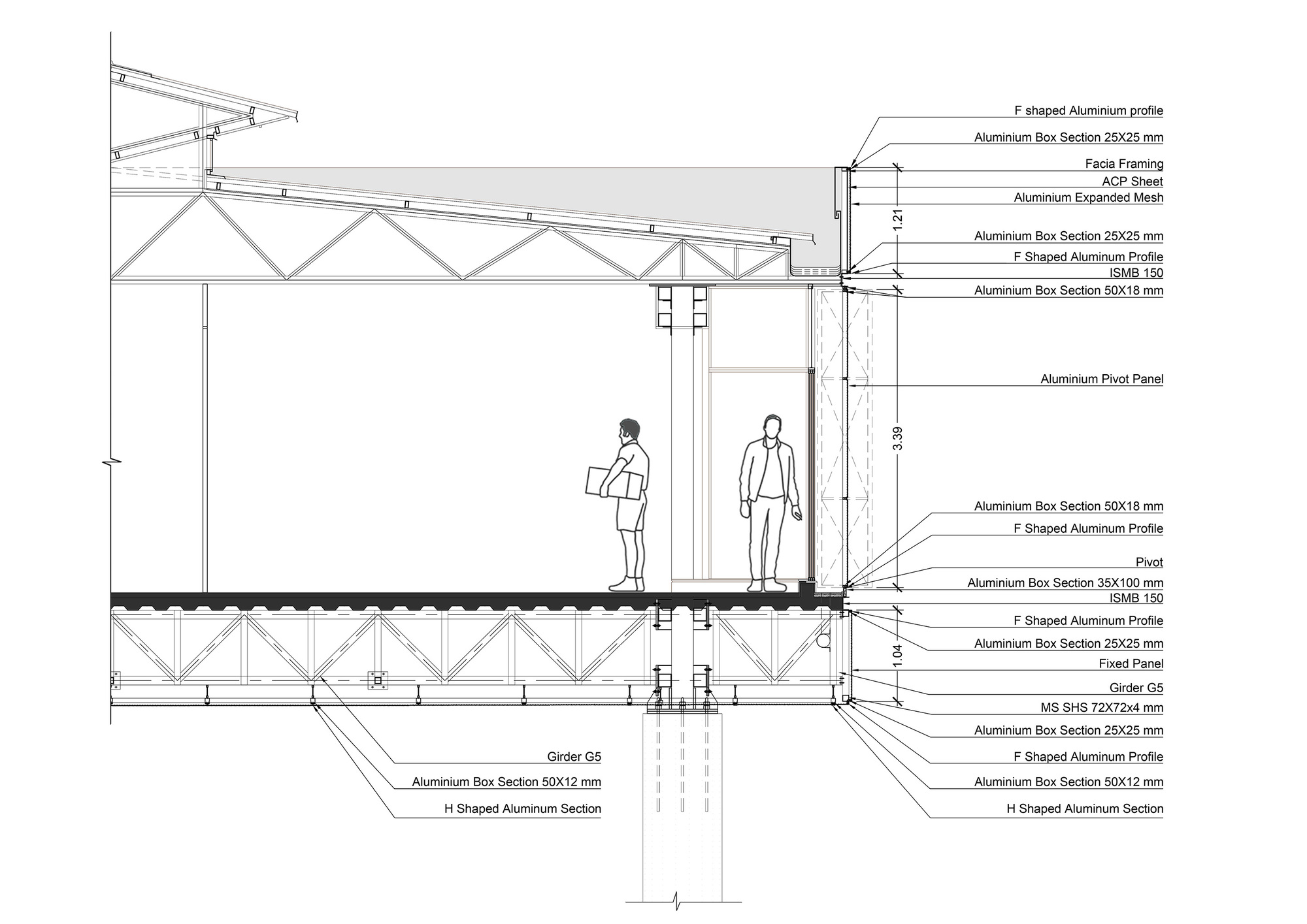 Construction detail section drawing of aluminum truss assembly with two figures standing on the floor platform