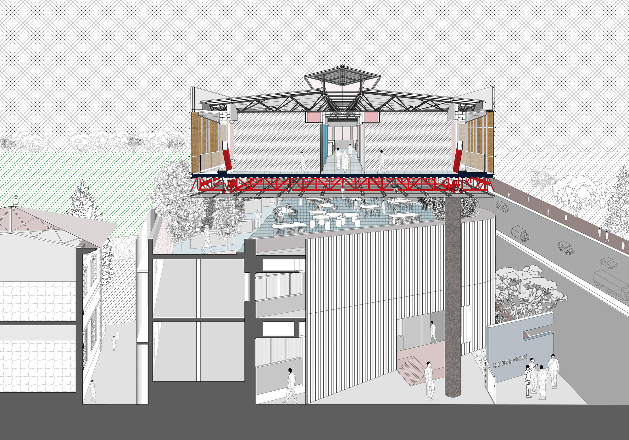 Sectional drawing showing a rooftop gantry crane structure above a multi-level building with vertical metal cladding