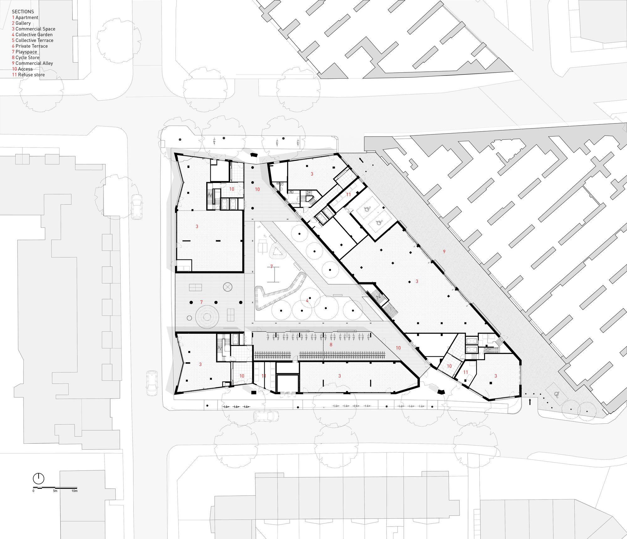 Ground floor plan drawing showing an irregular perimeter with central courtyard and surrounding residential units