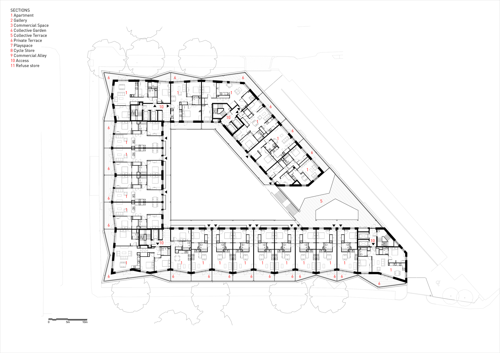 Upper floor plan drawing showing residential units arranged around a central courtyard with angled corners
