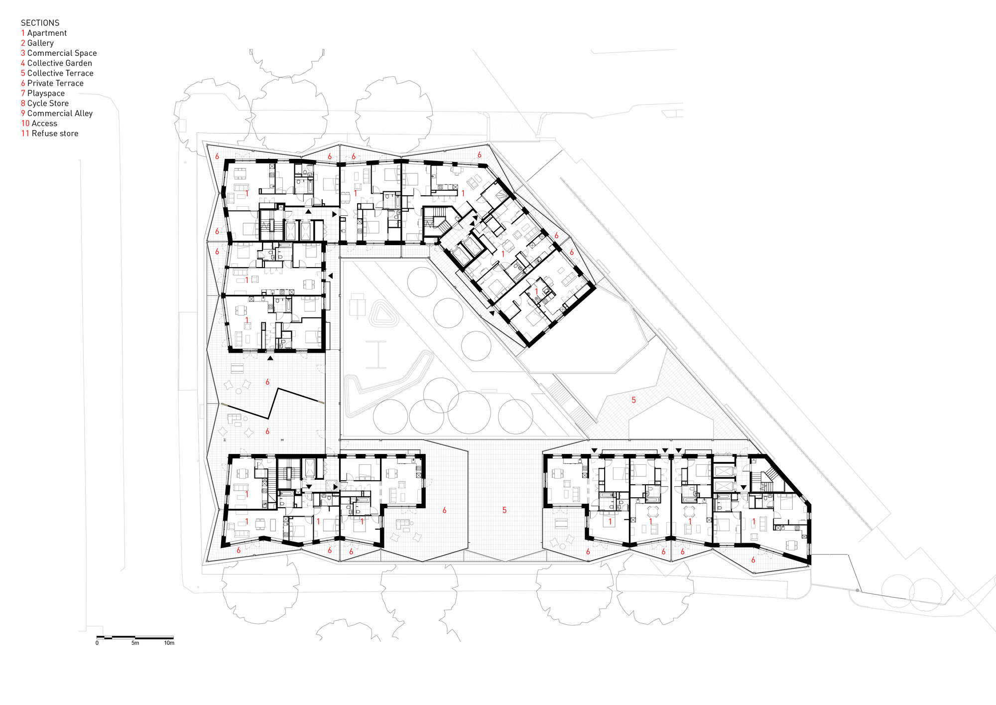 Floor plan drawing showing four residential volumes arranged around a central courtyard with tree canopies