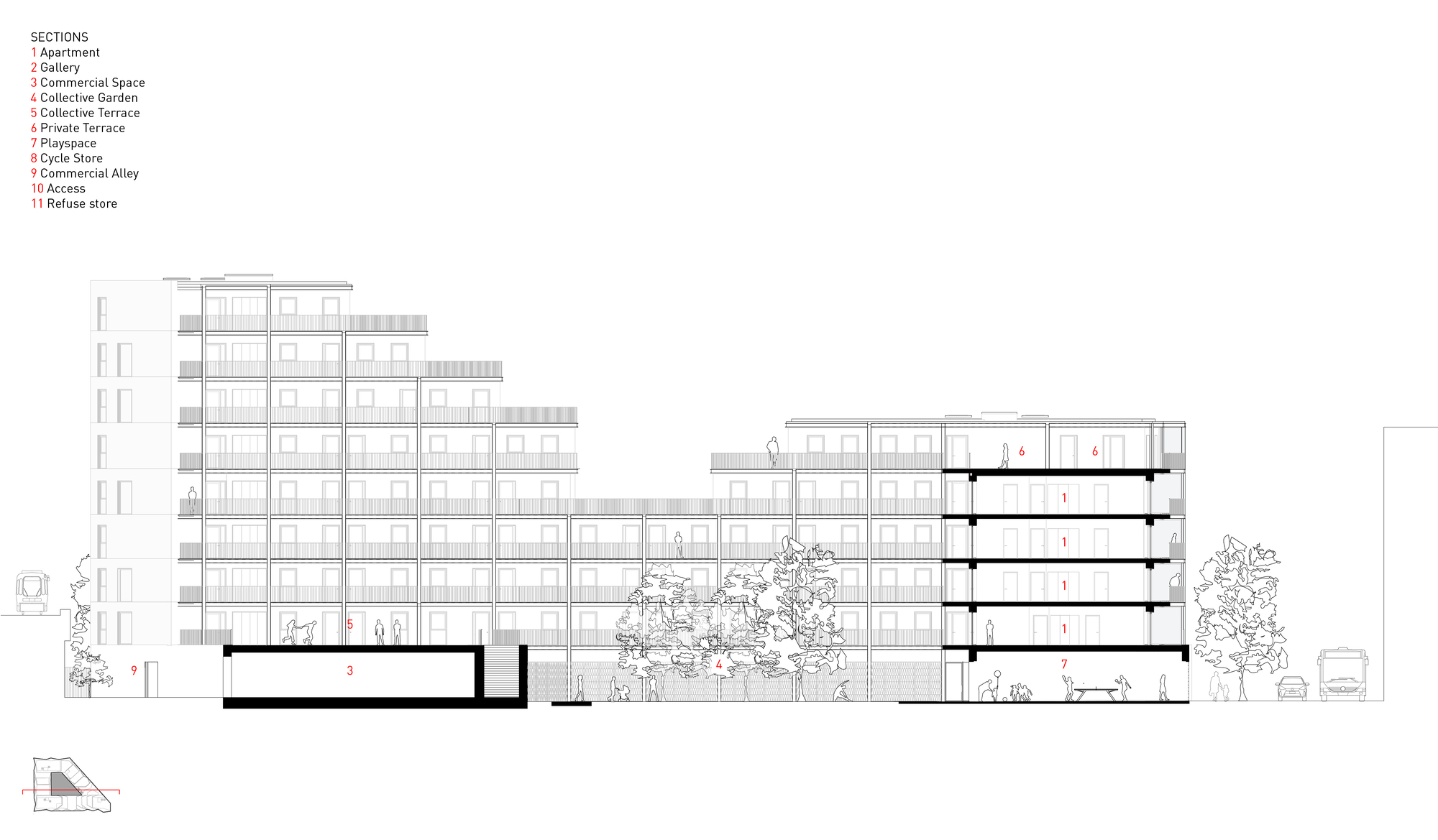 Section drawing showing stepped and terraced building volumes with trees in the central courtyard