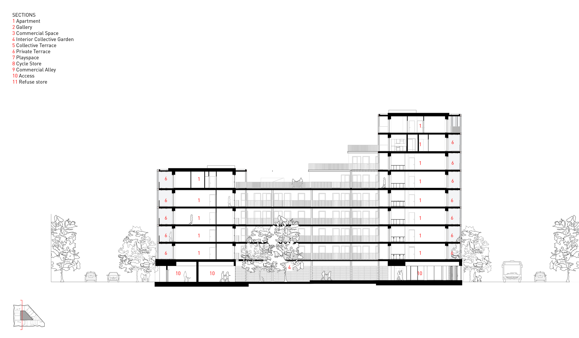 Section drawing showing varied building heights with a landscaped courtyard between residential blocks