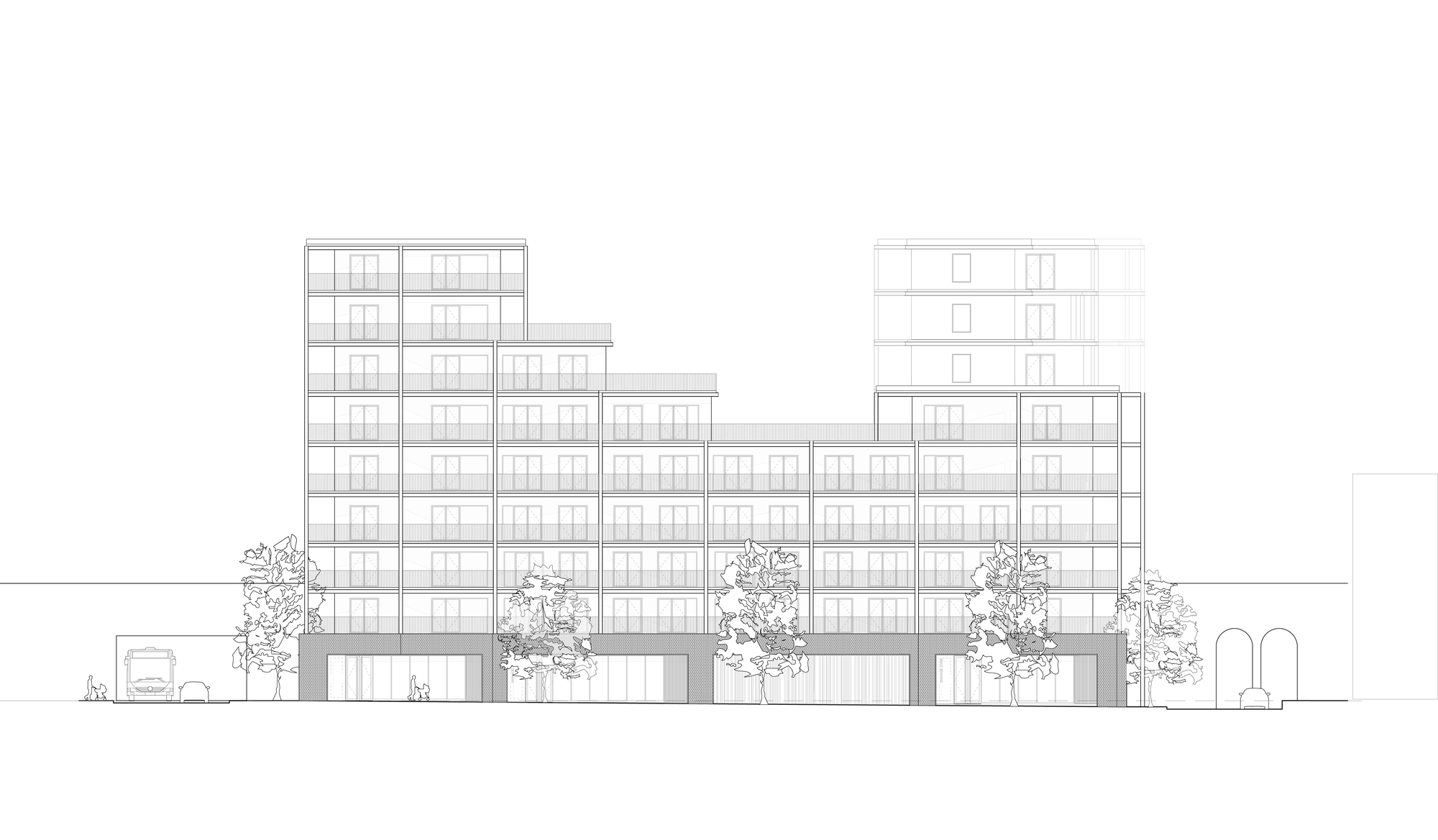 Elevation drawing showing the stepped facade with regular window grid and trees at ground level