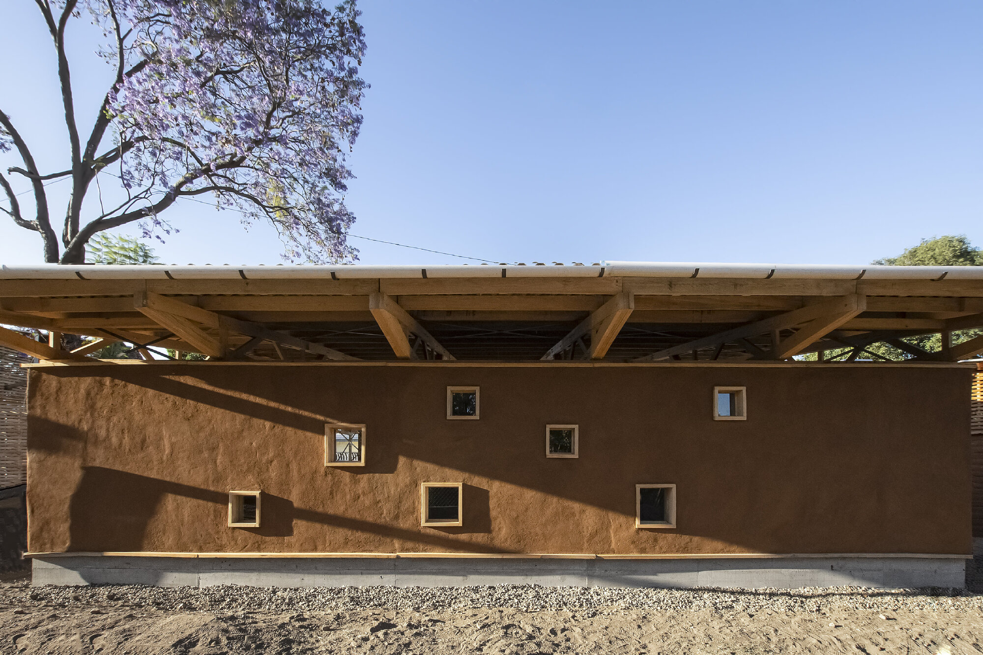 Rammed earth wall with scattered square windows and exposed timber roof structure casting angular shadows
