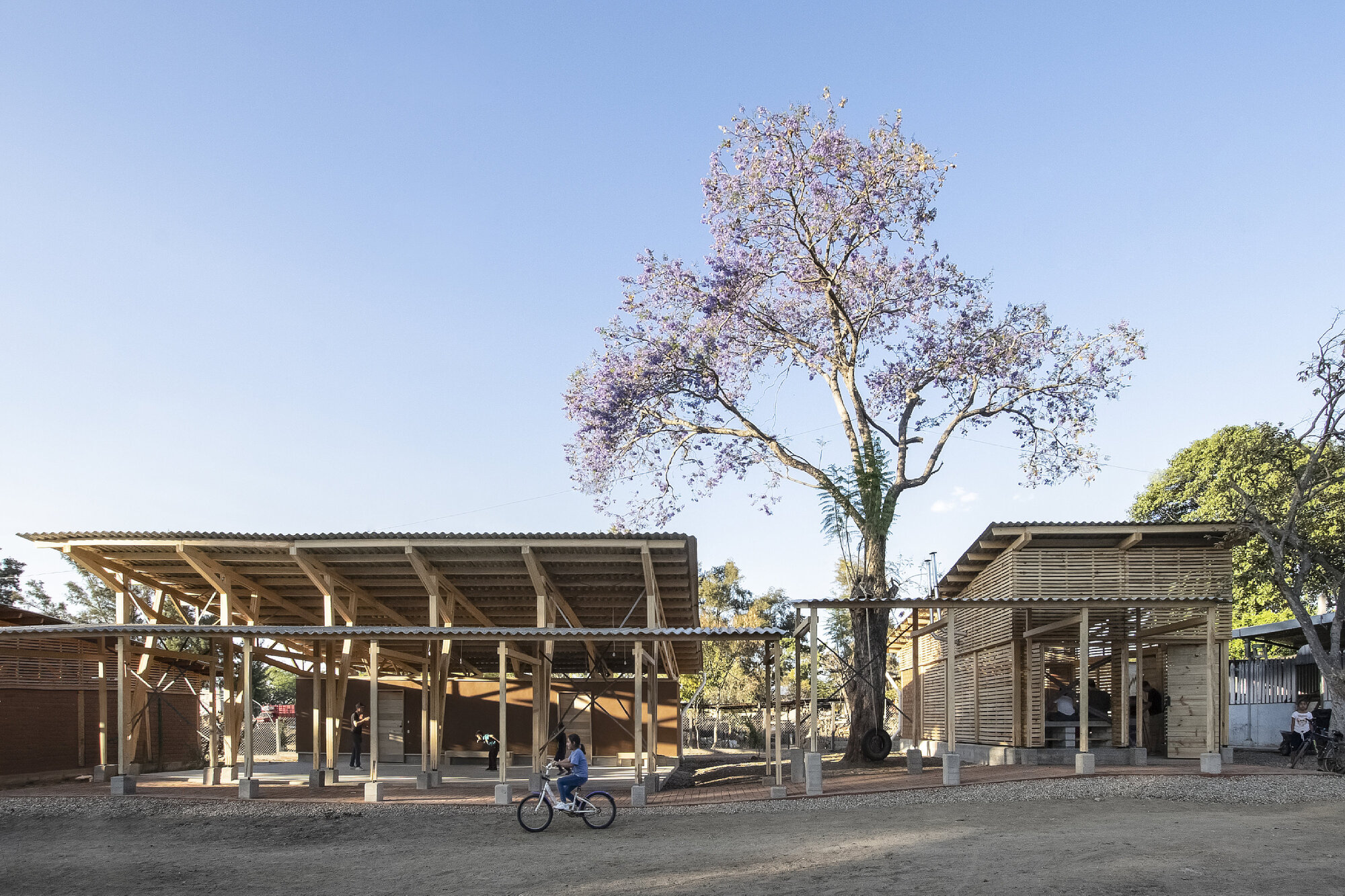 Low-rise timber structures with horizontal slat cladding surrounding a purple-flowered tree and cyclist on gravel