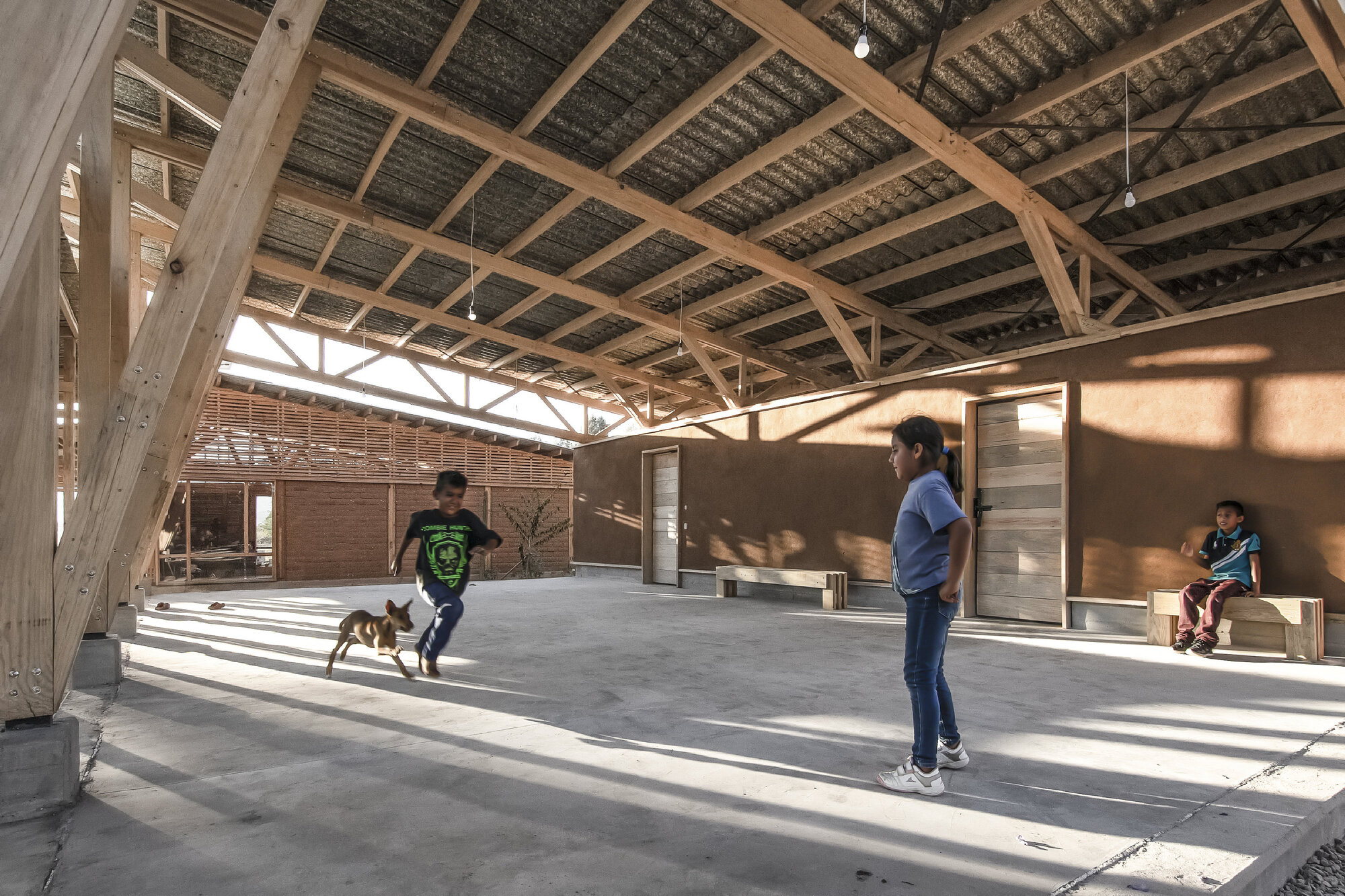 Interior view of the timber frame structure with clerestory windows, people and dog in dappled sunlight