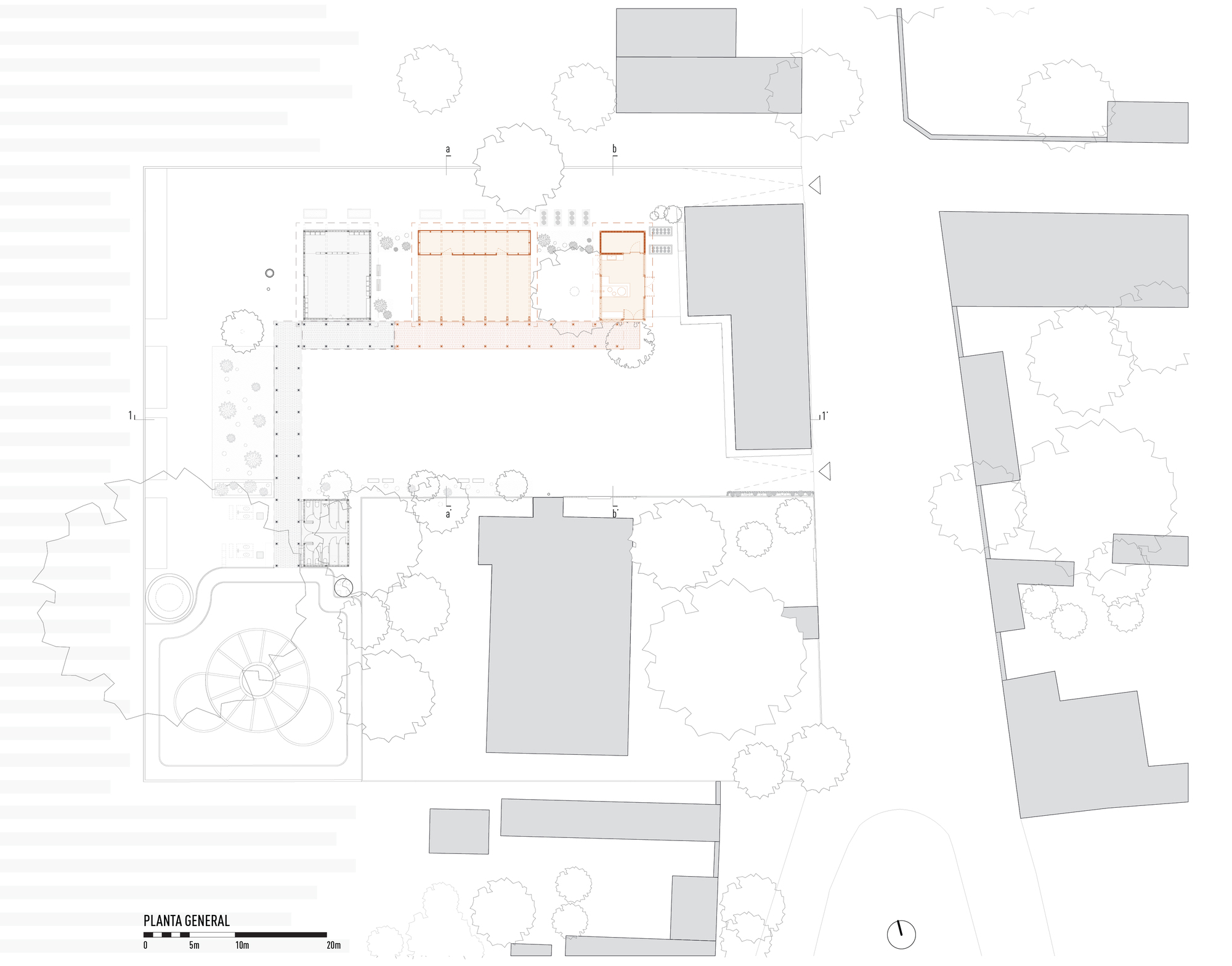 Ground floor plan showing the highlighted colonnade structure with adjacent buildings and tree canopies