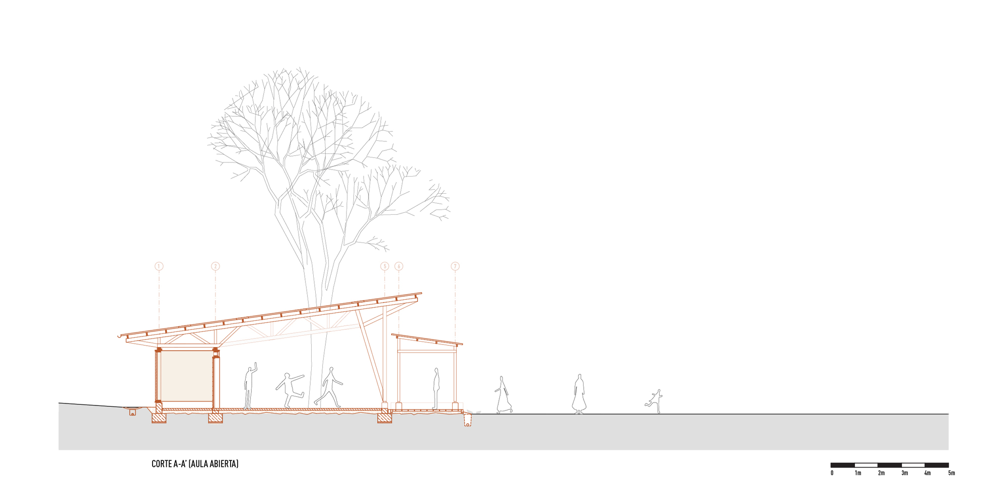 Section drawing showing the sloped roof structure with timber framing and adjacent trees with figures below