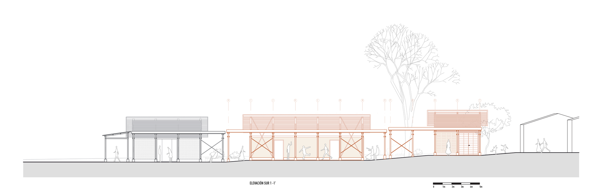 Elevation drawing showing the linear covered structure connecting adjacent buildings with a tall tree at one end