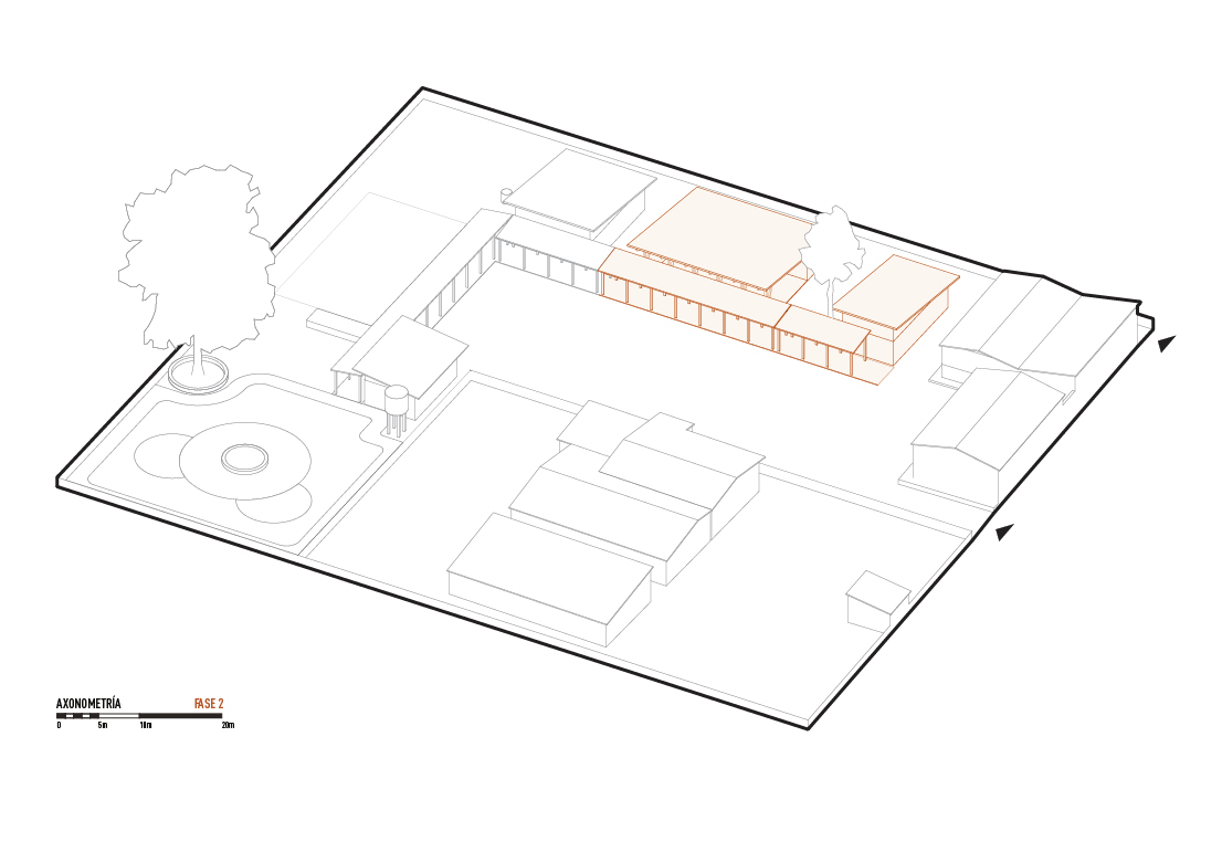Axonometric drawing showing the highlighted colonnade linking courtyard spaces with garden and neighboring volumes