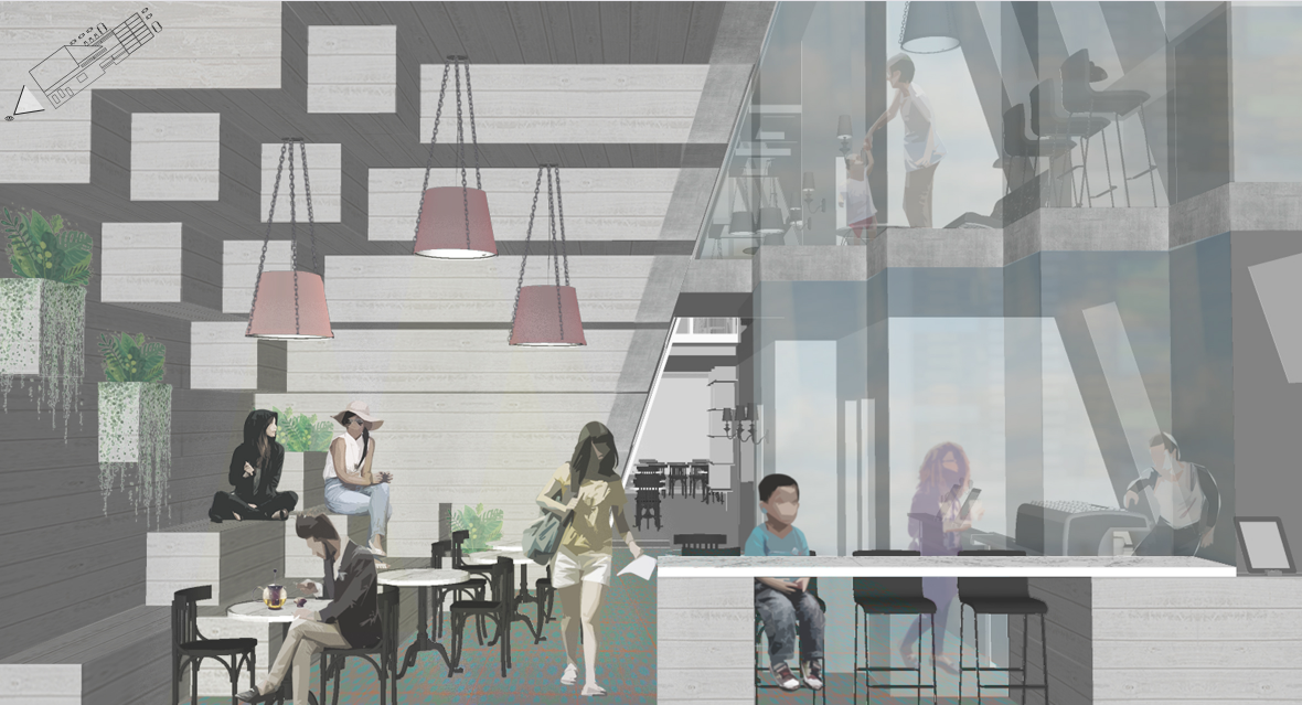 Layered café interiors combine social seating, warm lighting, and vertical spatial connections for flexible public use.