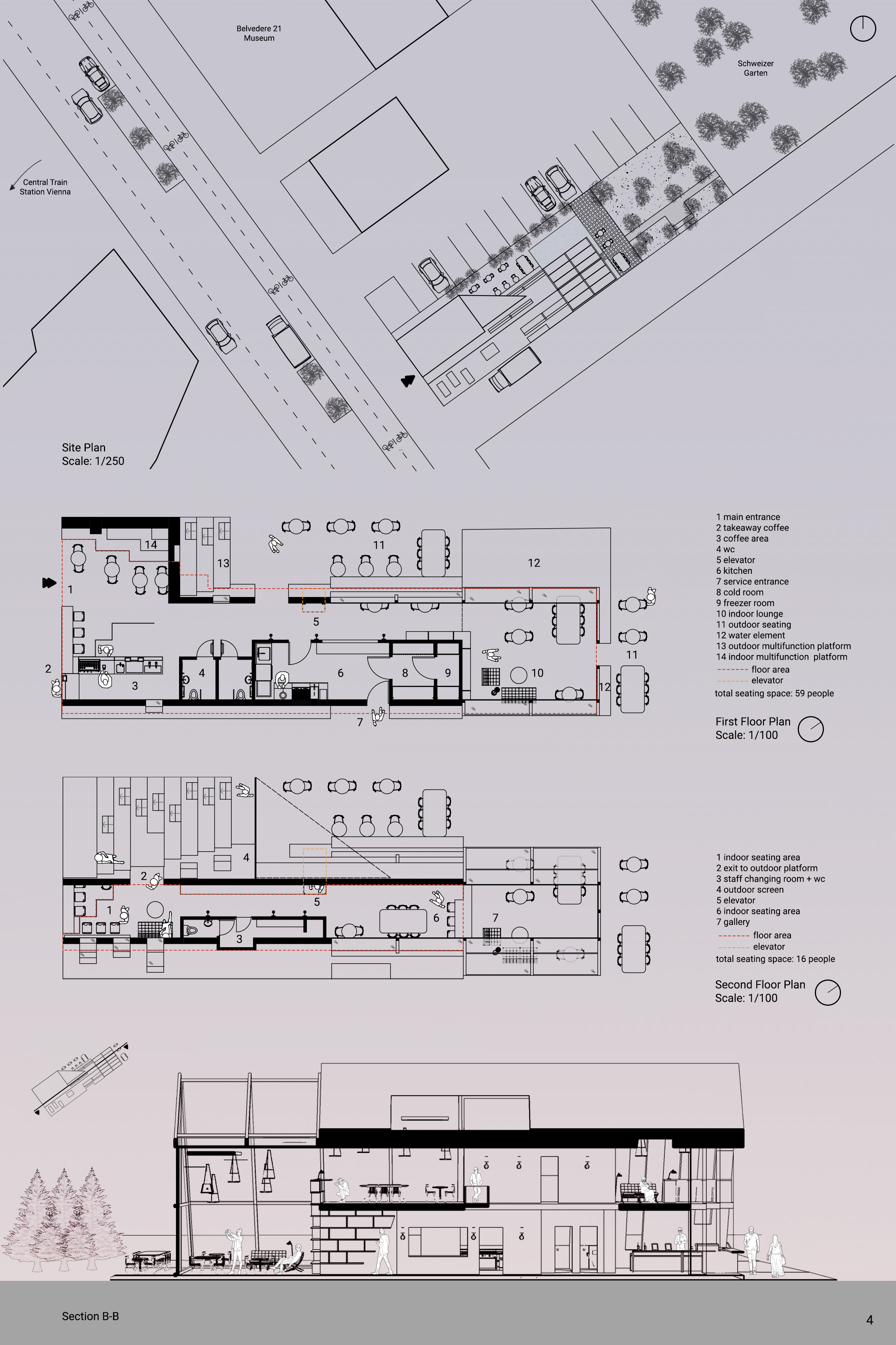 Plans and section reveal the café’s connected program of indoor lounges, outdoor seating, platform, and upper workspaces.