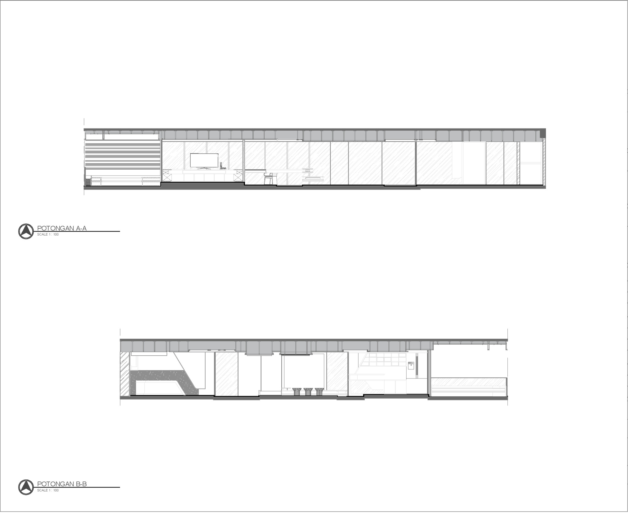 Section drawings showing interior spatial organization and ceiling heights across two parallel cuts