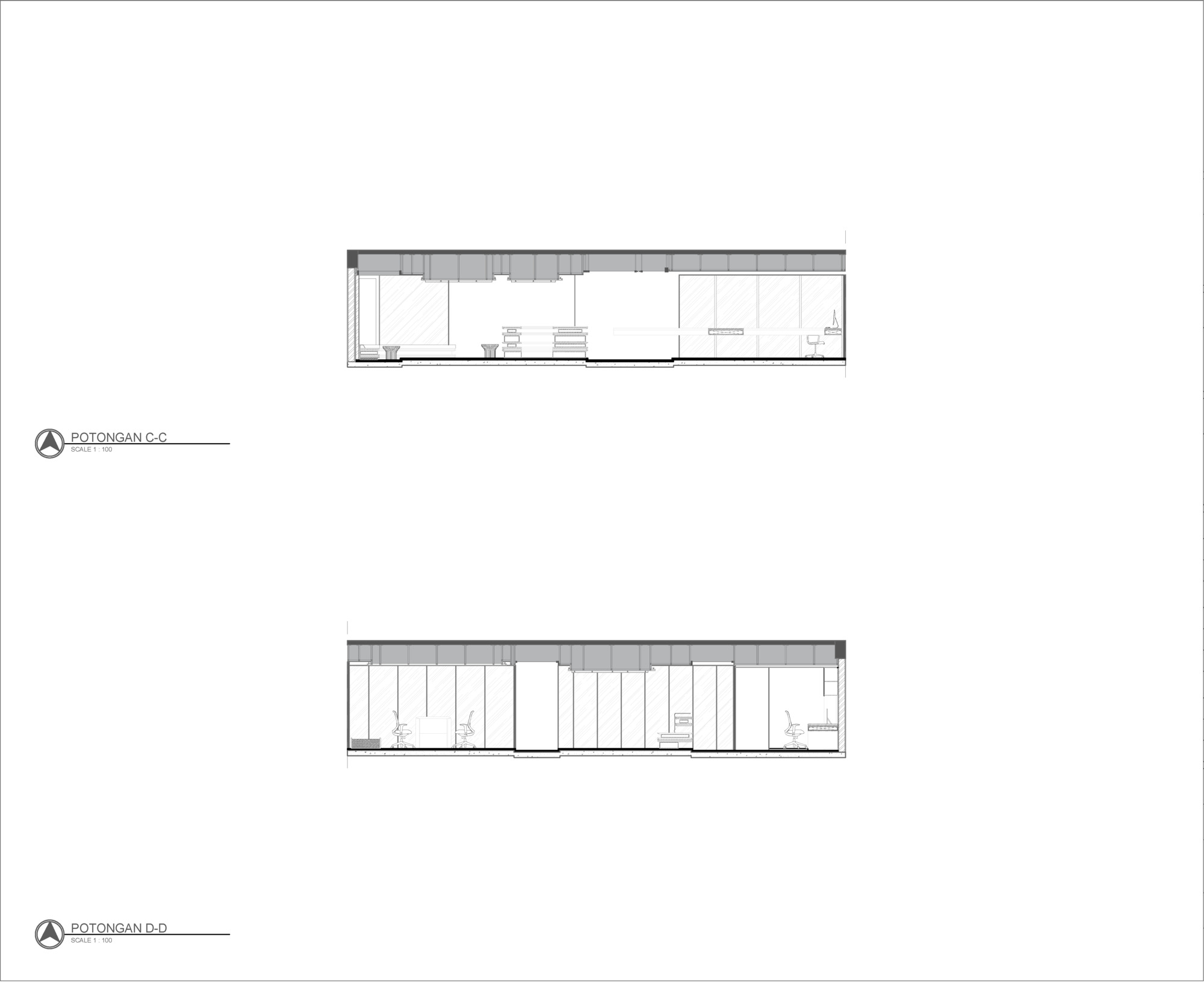 Section drawings illustrating two perpendicular cuts through the interior spaces and roof structure