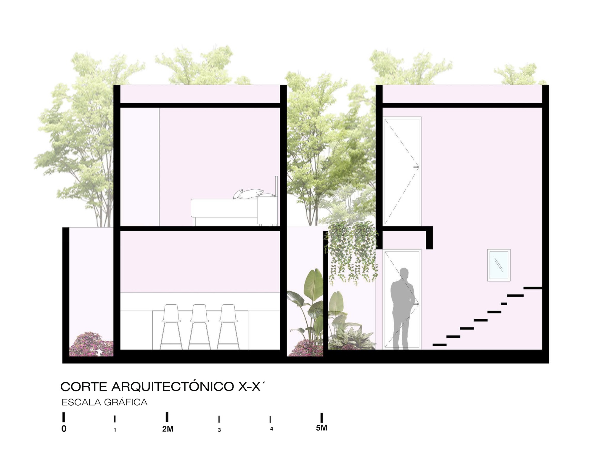 Section drawing showing double-height spaces with rooftop trees, interior plantings and a figure on the stair