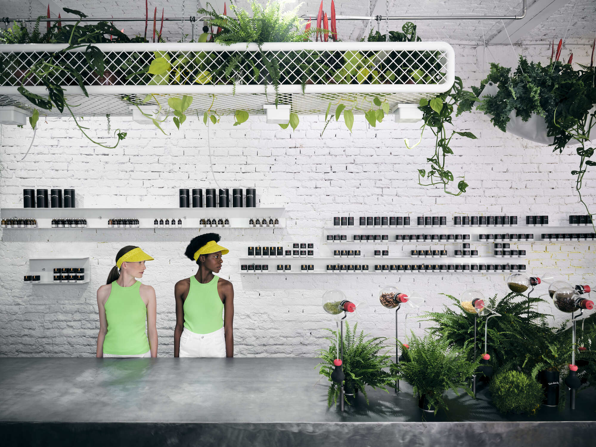 Wall-mounted mesh planter with trailing vines above white brick and product display shelves with two visitors below