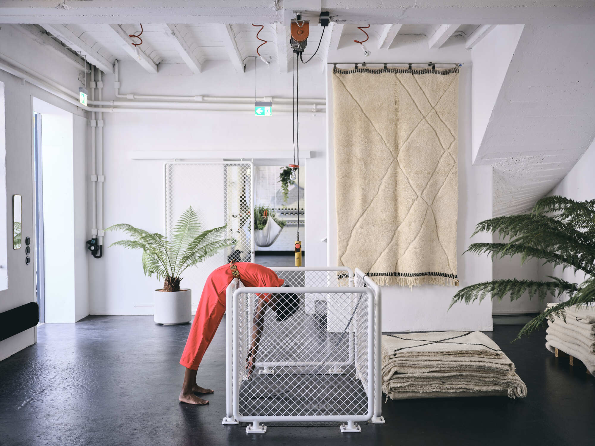Interior view of white space with exposed ceiling beams, wire mesh partitions, potted ferns and a person in red