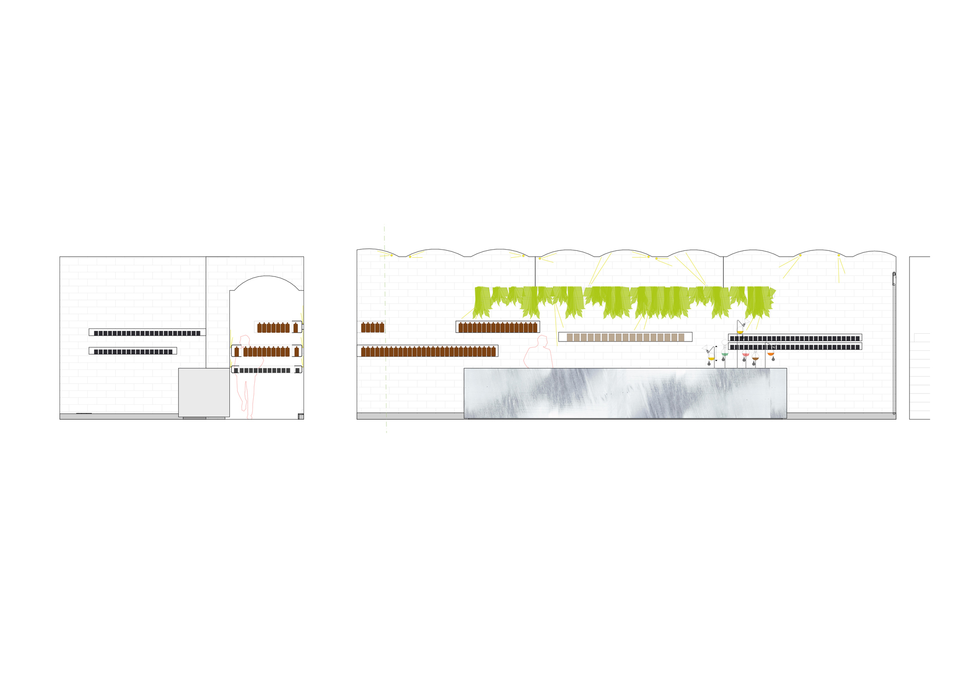 Elevation drawing showing warehouse volumes with green hanging plants and red brick facade elements
