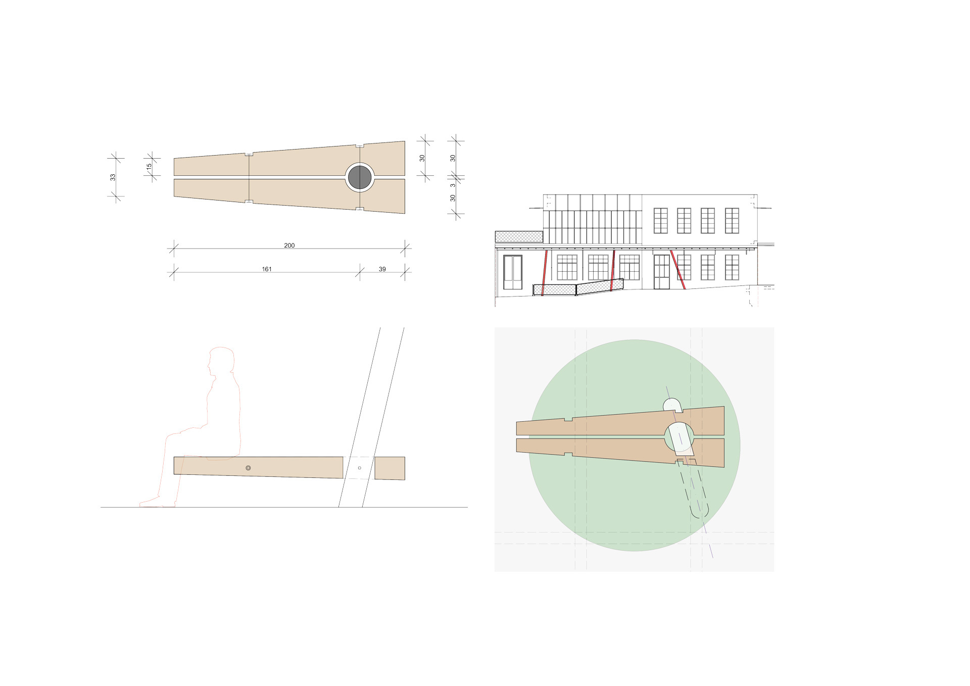 Technical drawings showing timber beam assembly with joinery details and an elevation of the facade