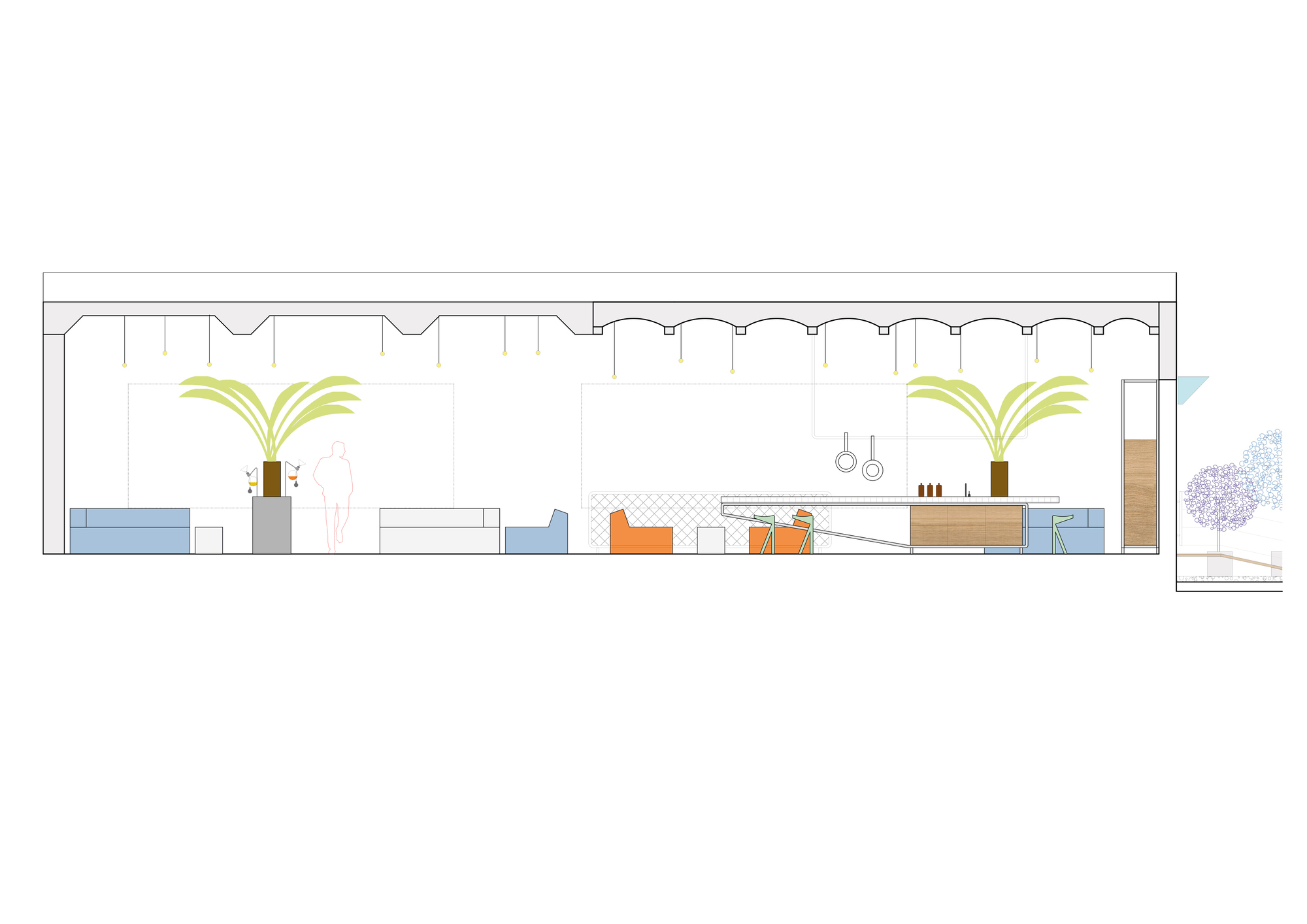 Longitudinal section drawing showing the interior with green potted plants under a scalloped roof profile