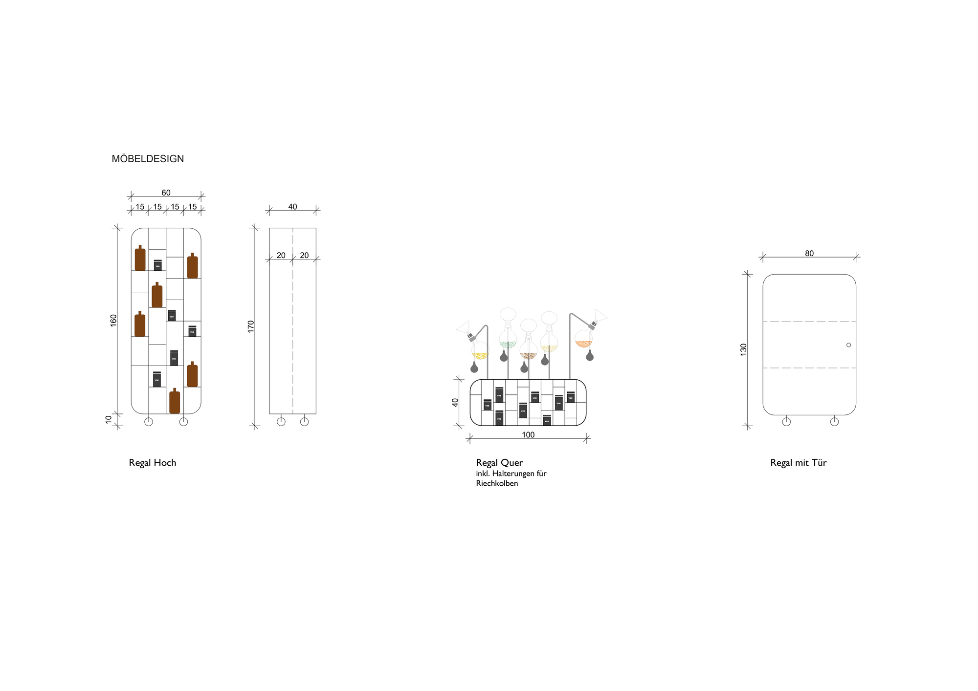 Technical drawings of modular storage units with wheeled bases and hanging compartments
