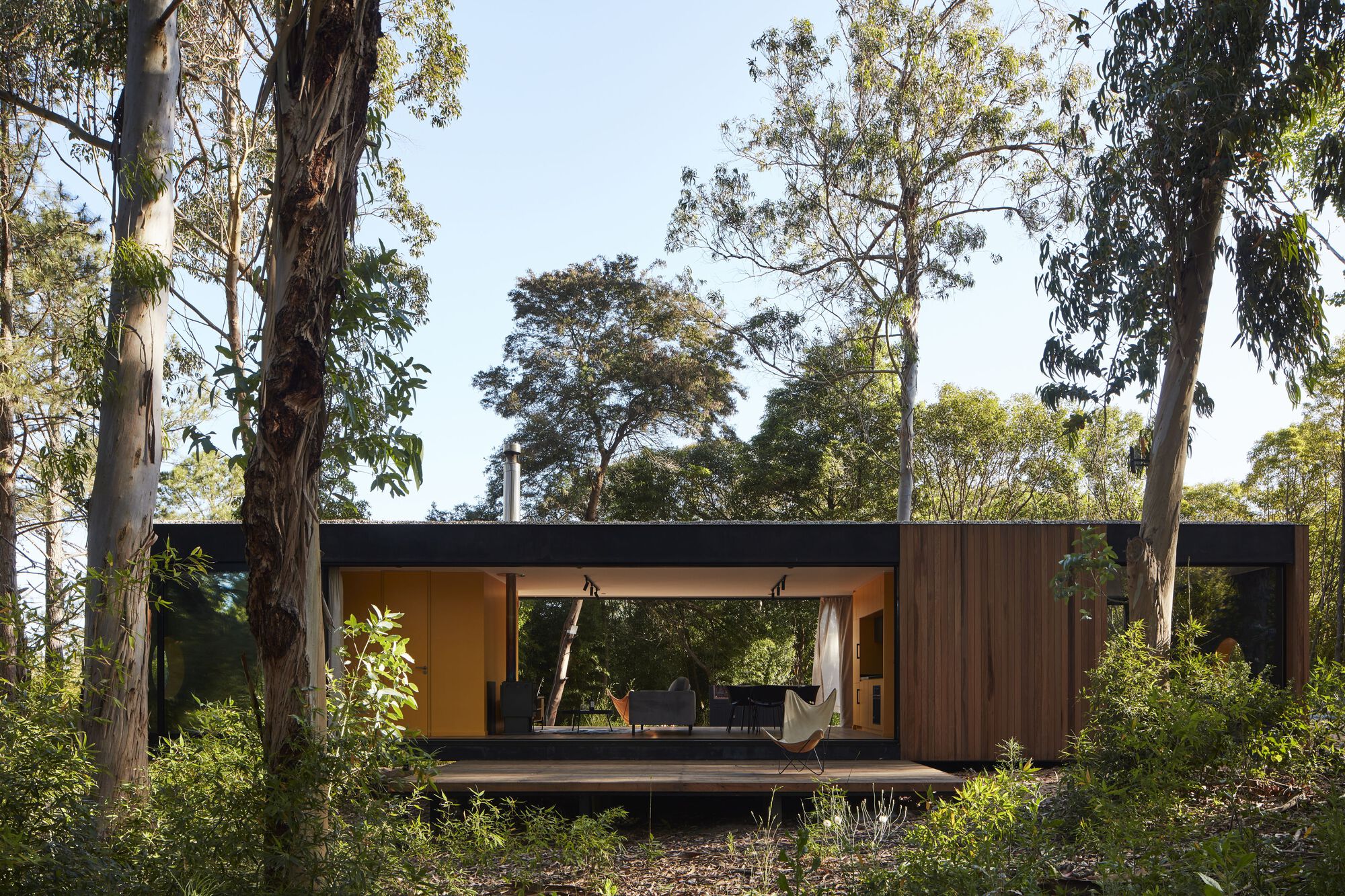 Front elevation showing the timber and dark metal facade with open living area and suspended chairs